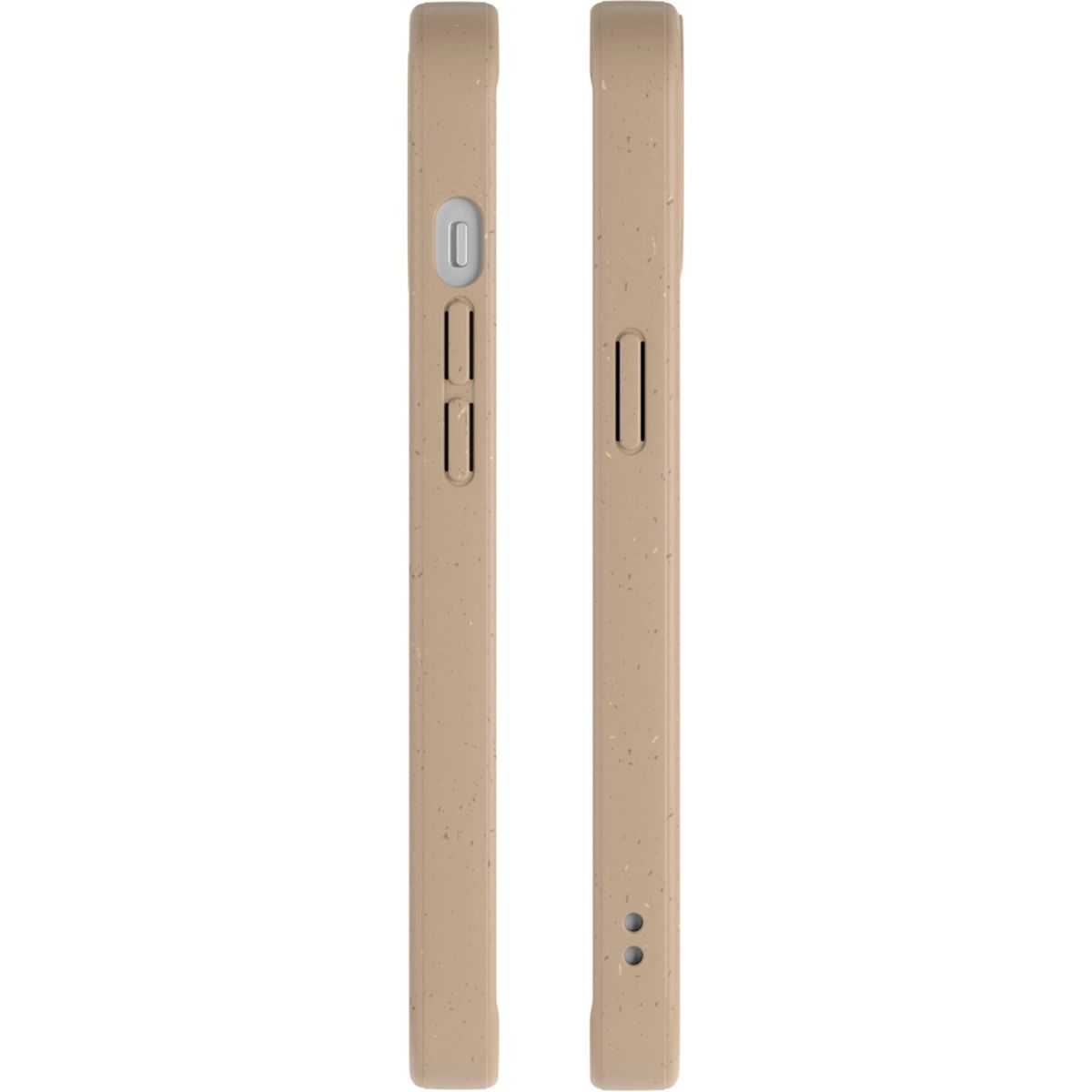 Zwei Handyhüllen, Seitenansicht, beige Farbe, mit Knöpfen und Löchern.