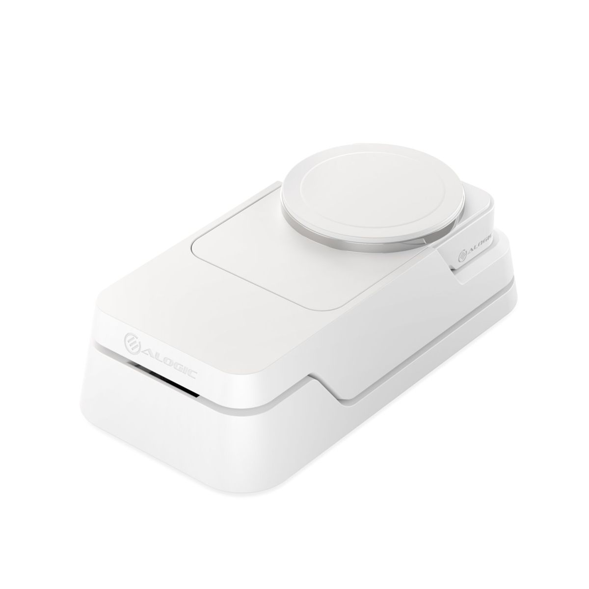 Un tappetino di ricarica wireless bianco con un'area di ricarica circolare e il logo ALOGIC.