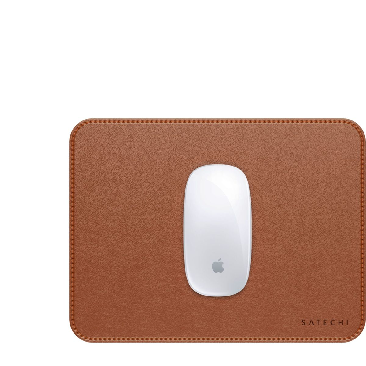 Braunes Leder-Mauspad mit weißer Apple-Maus, Logo sichtbar.