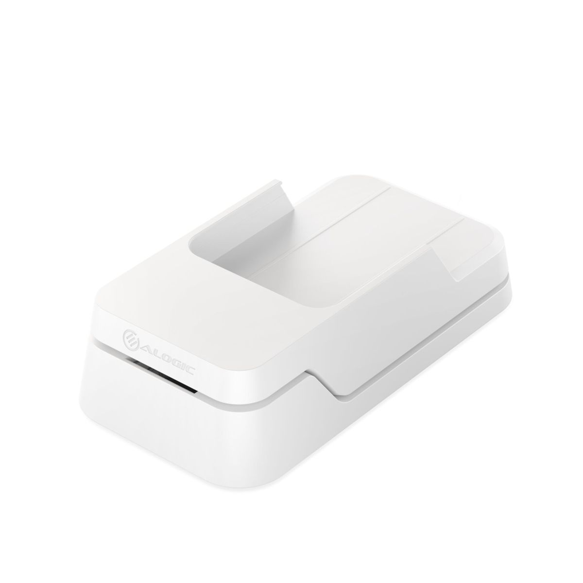 Dispositivo bianco, probabilmente una stazione di ricarica, con design curvo.