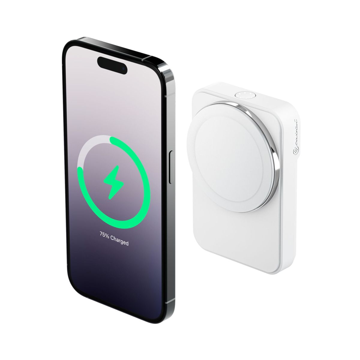Un caricatore portatile bianco che carica un telefono nero. Il telefono mostra il 75% di carica.