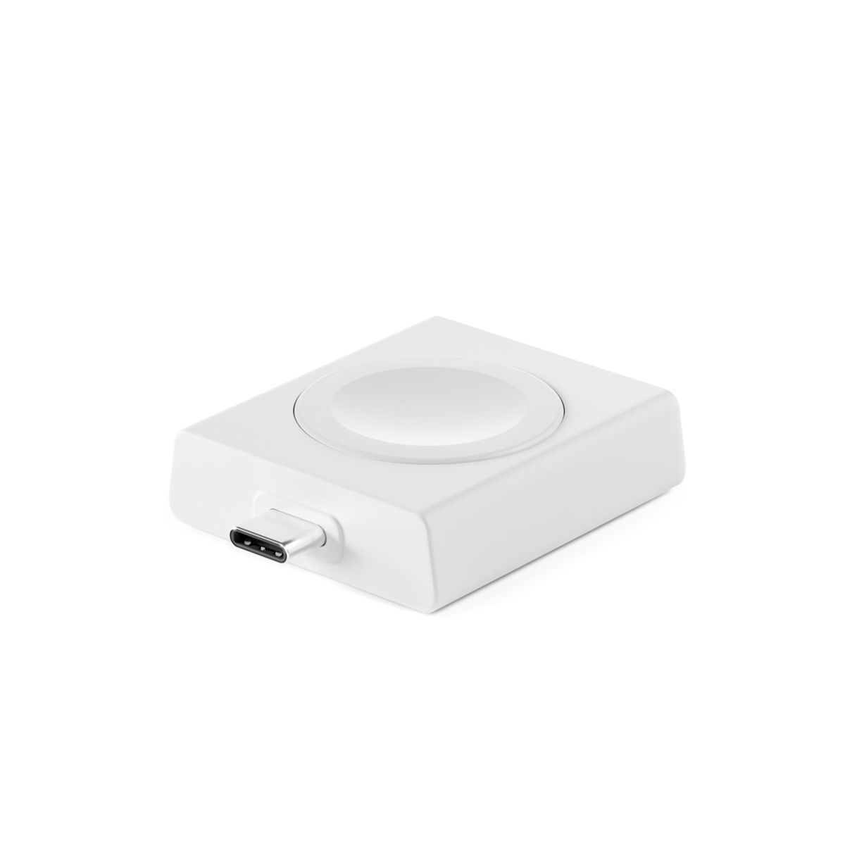 Base di ricarica bianca con un'area di ricarica rotonda e una porta USB-C, su sfondo bianco.