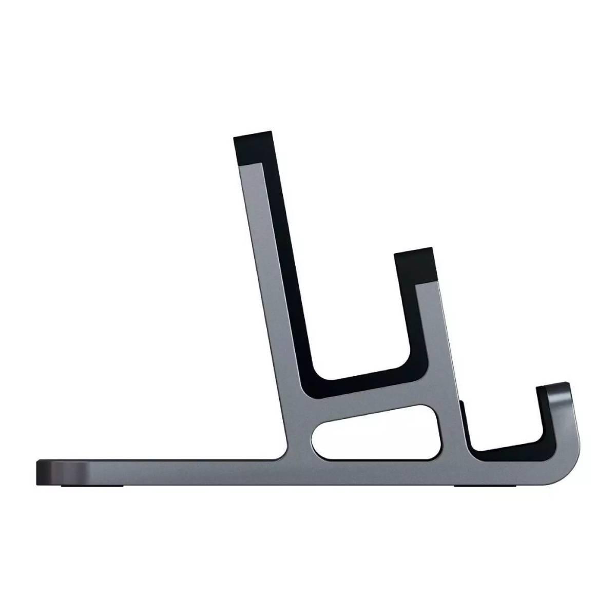 Srebrny stojak na tablet o minimalistycznym designie, odpowiedni dla tabletu.