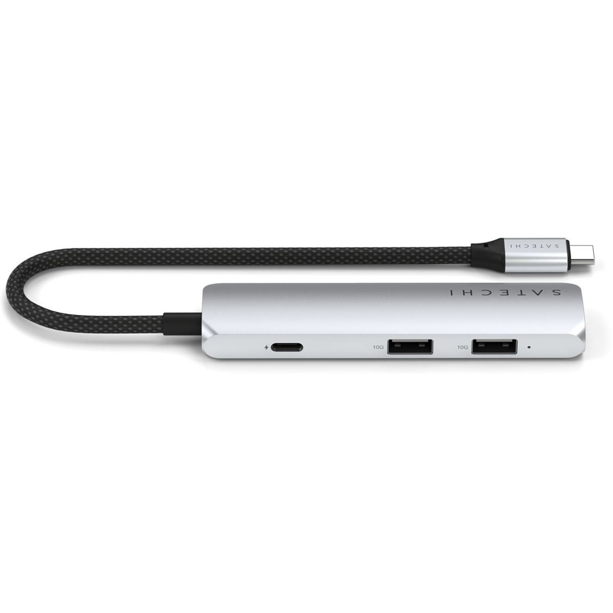 Un hub argento con porte USB e un cavo intrecciato nero con connettore USB-C.