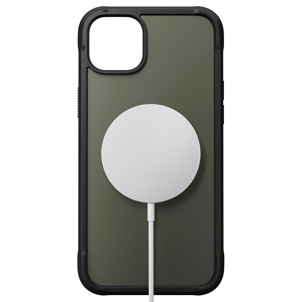 Die Rückseite eines iPhones mit schwarzer Hülle und einem weißen Magnetkreis.