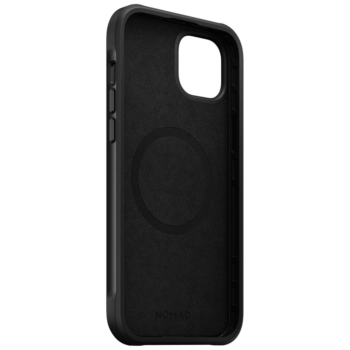 Eine schwarze Handyhülle, geöffnet, zeigt die Innenseite und das Nomad-Logo.