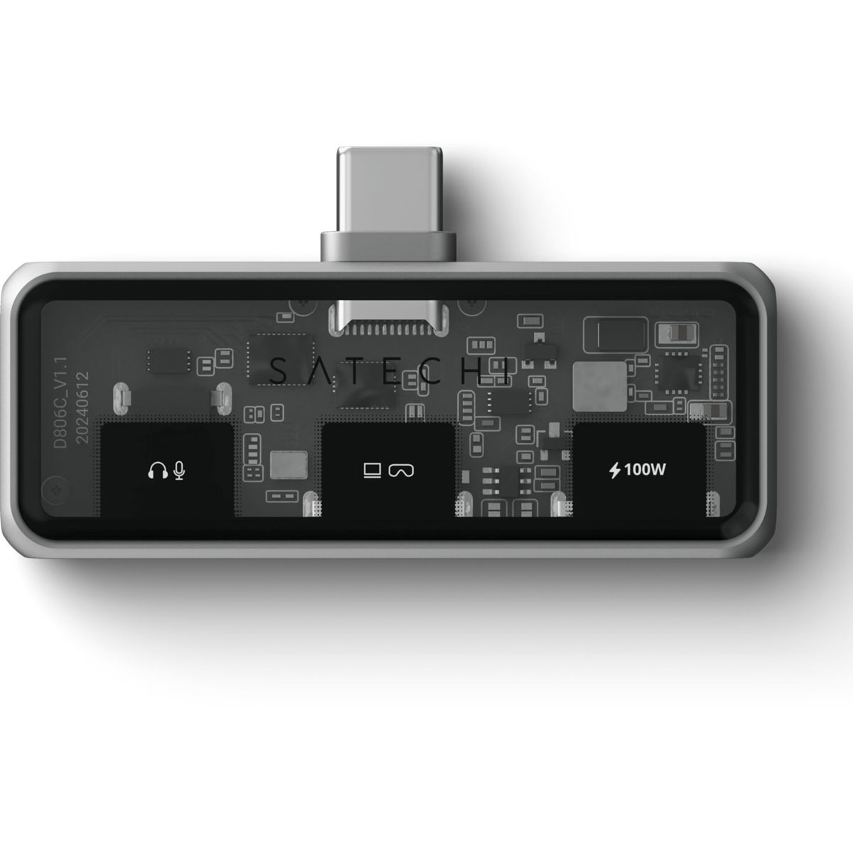 Ein silberner Satechi USB-C-Hub mit transparentem Design.