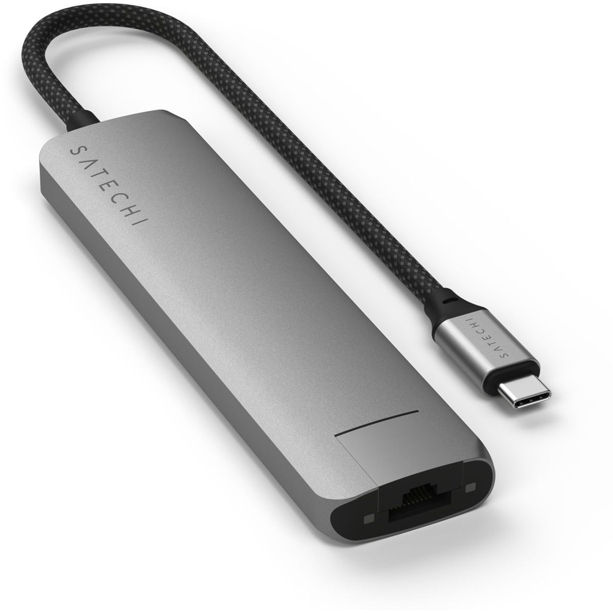 Hub USB-C argentato con cavo intrecciato grigio. Ha una porta Ethernet.