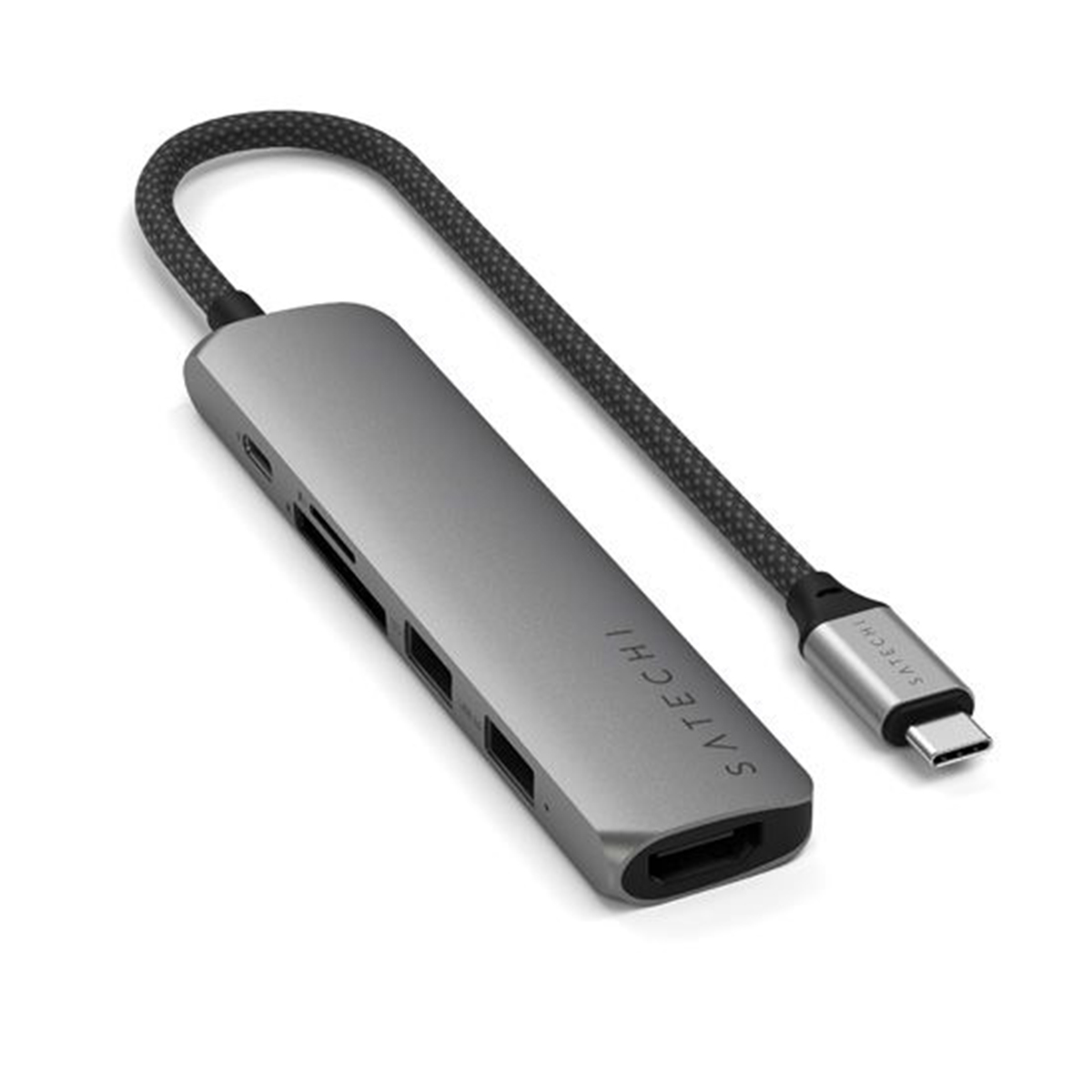 Silbergrauer USB-C-Hub mit mehreren Anschlüssen und einem schwarzen geflochtenen Kabel.