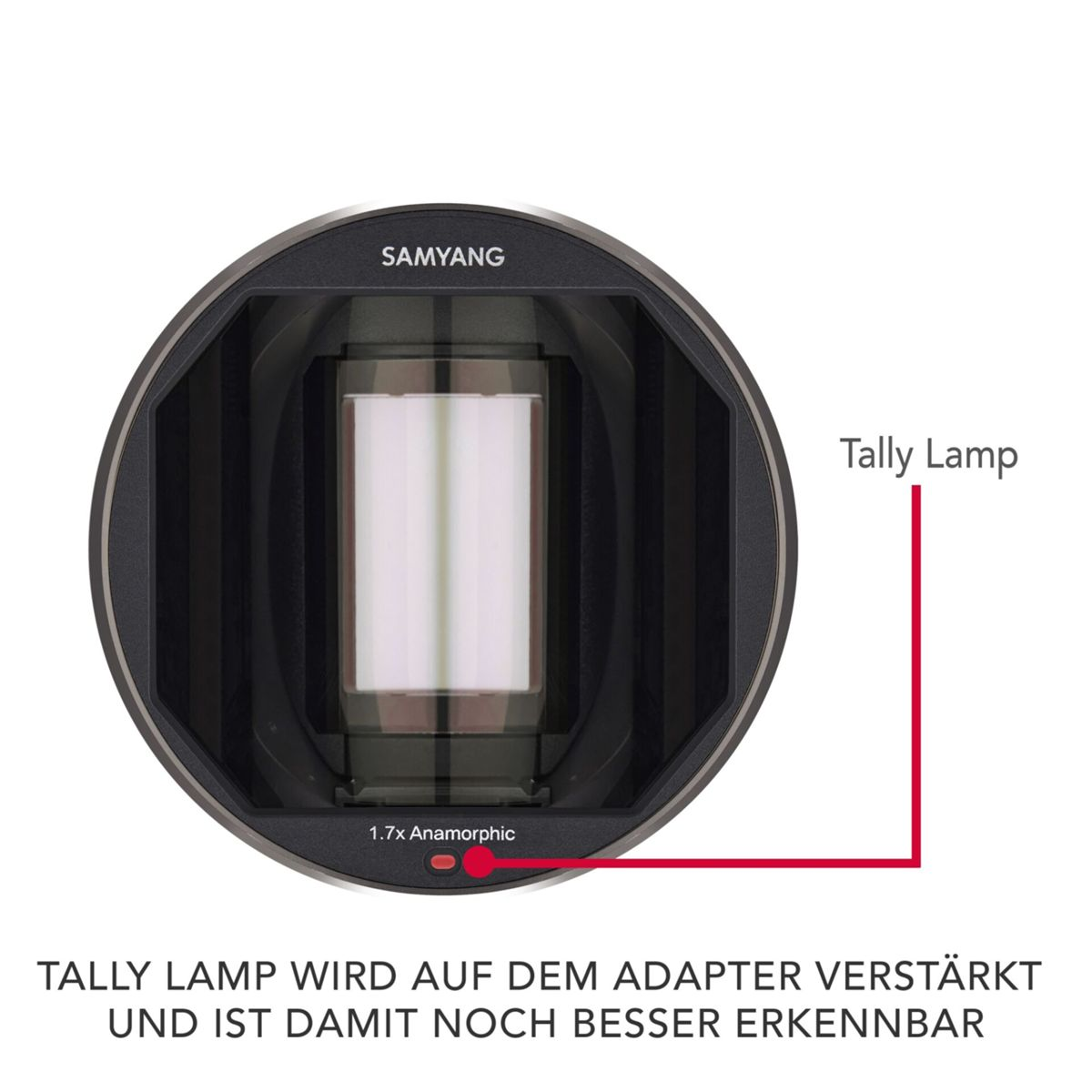 Ein schwarzes und silbernes SAMYANG-Gerät mit der Bezeichnung 'Tally Lamp'.
