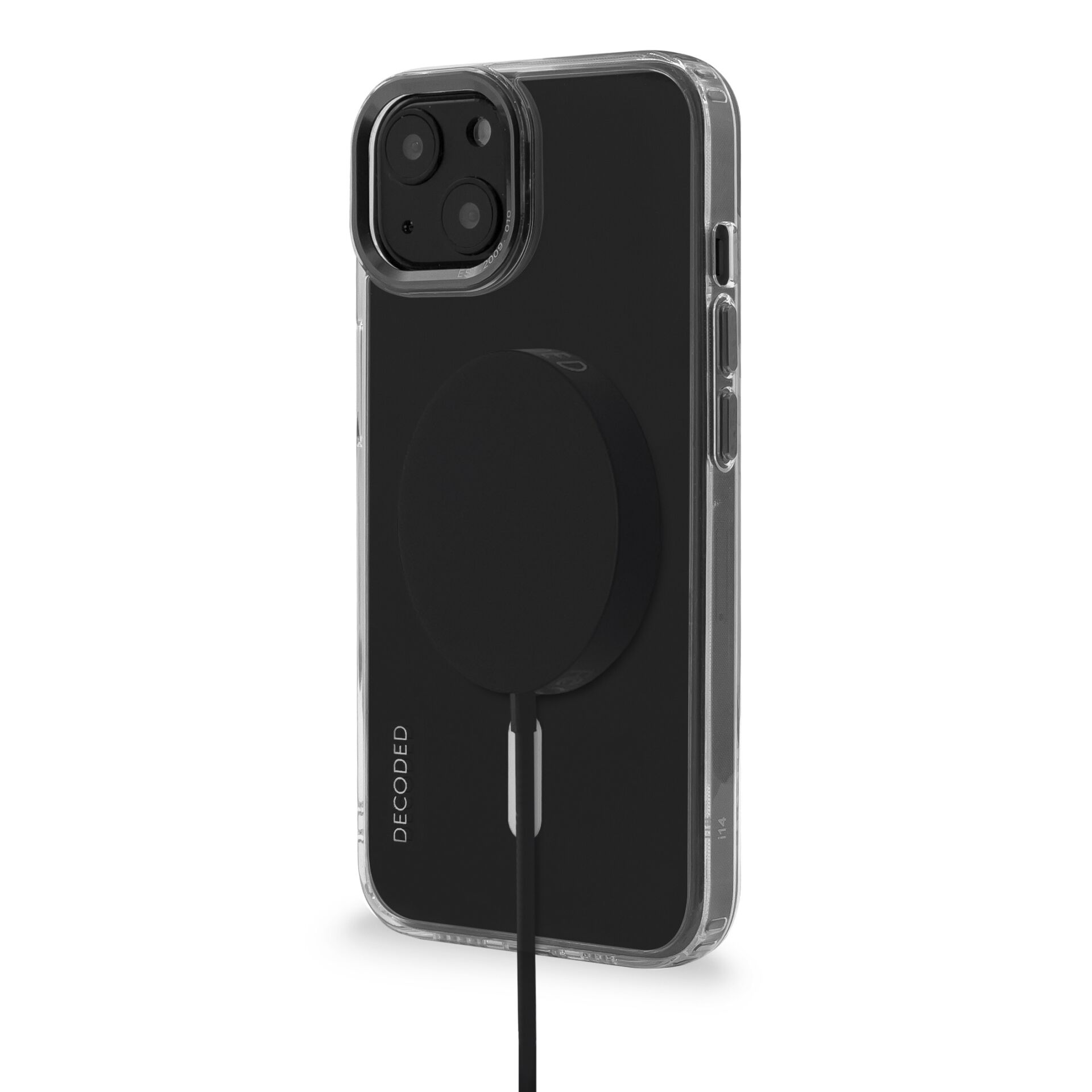 Custodia trasparente per telefono con un caricabatterie nero. Il telefono è visibile all'interno della custodia. Sfondo bianco.