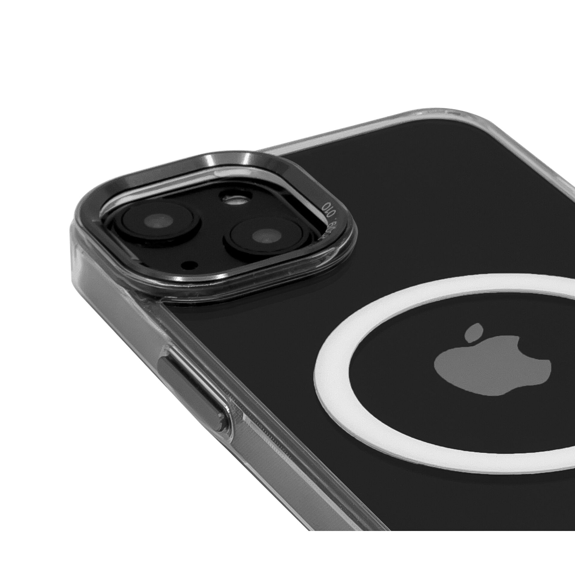 Primo piano di un telefono con una custodia trasparente e una fotocamera, con un cerchio bianco.