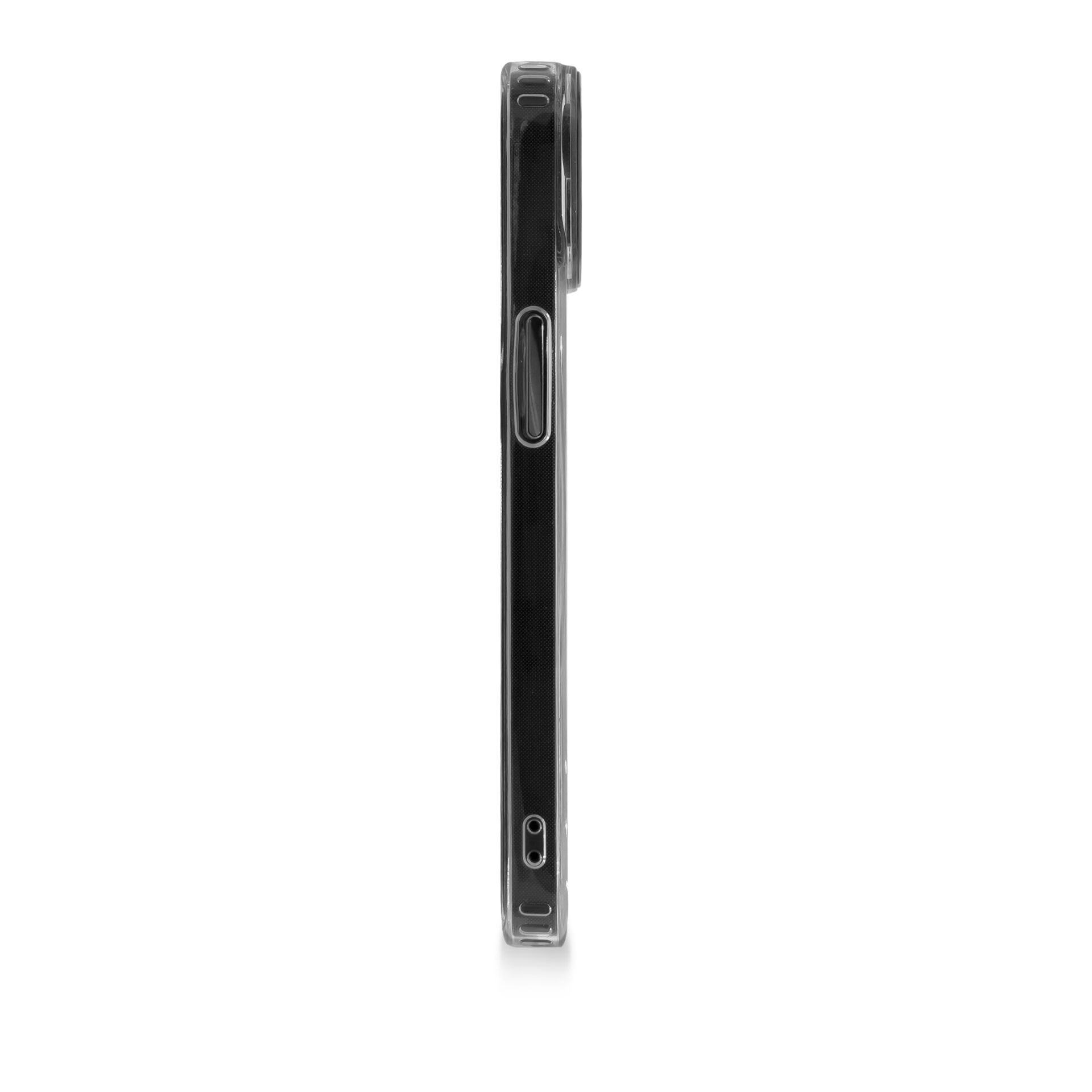 Una custodia trasparente per telefono, che mostra il lato con i pulsanti e una porta di ricarica. Sfondo bianco.