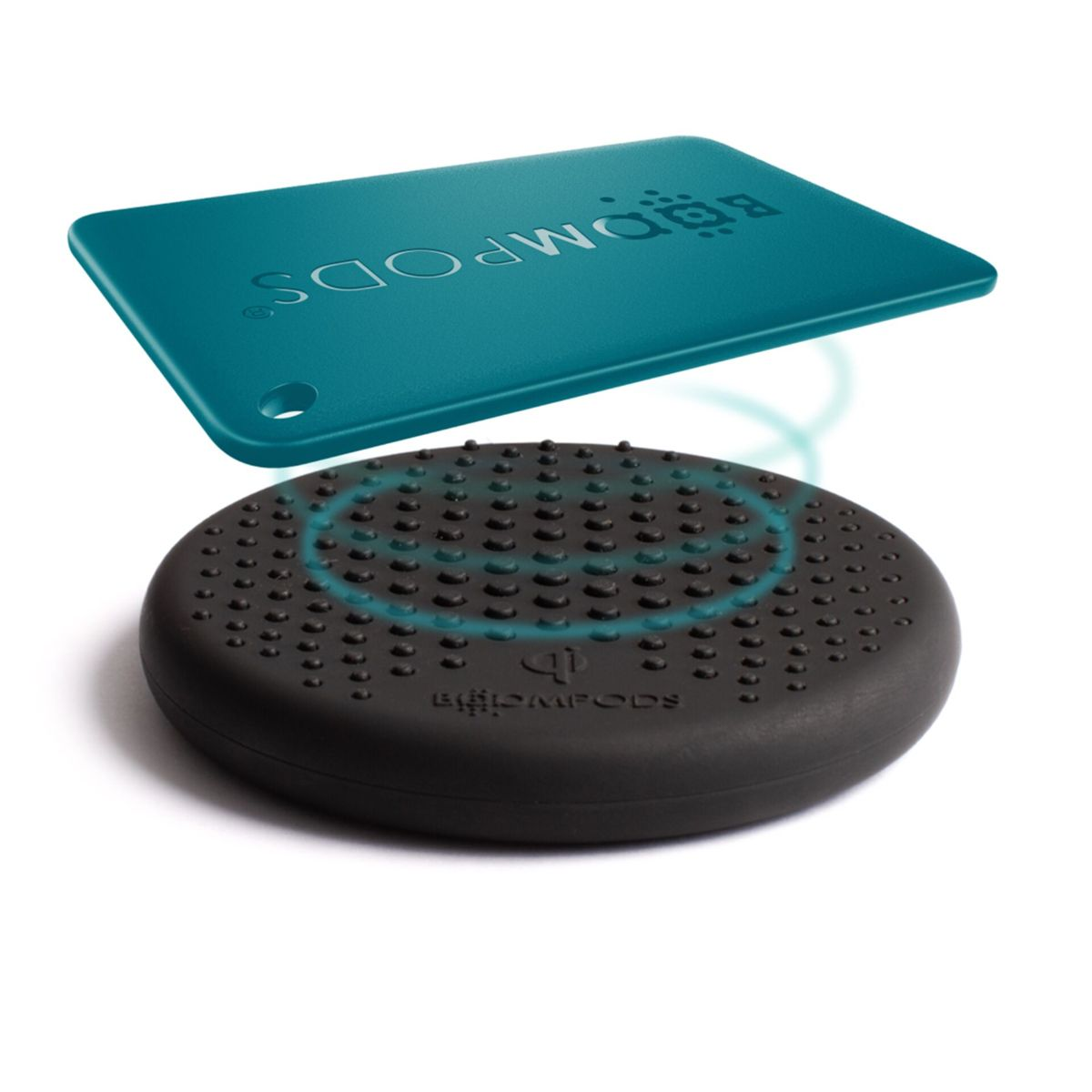 Czarna poduszka z wypukłościami i turkusowa płaska podkładka z tekstem, na białym tle.