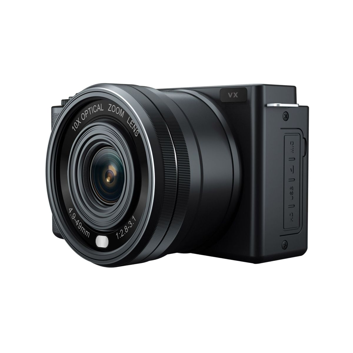 Una fotocamera nera con obiettivo e pulsanti, per la fotografia, su sfondo bianco.