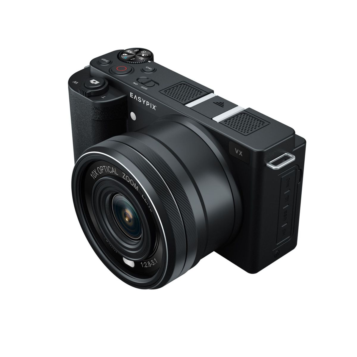 Fotocamera Easypix nera con obiettivo e pulsanti, angolata a destra, su sfondo bianco.