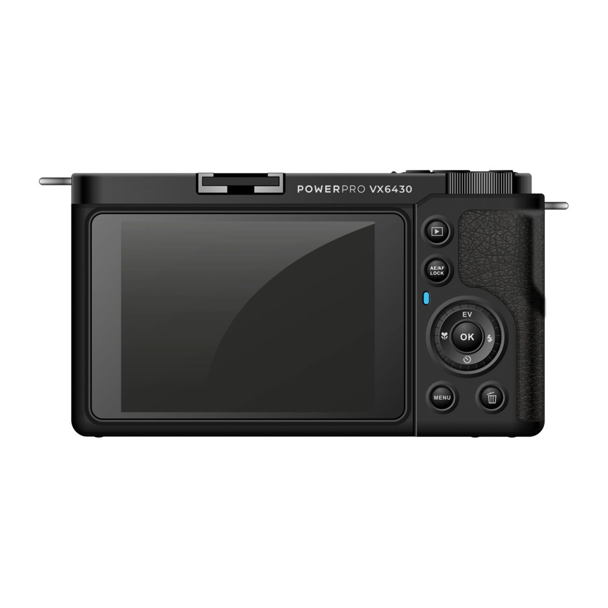 Fotocamera digitale nera, che mostra il retro con schermo, pulsanti e menu.