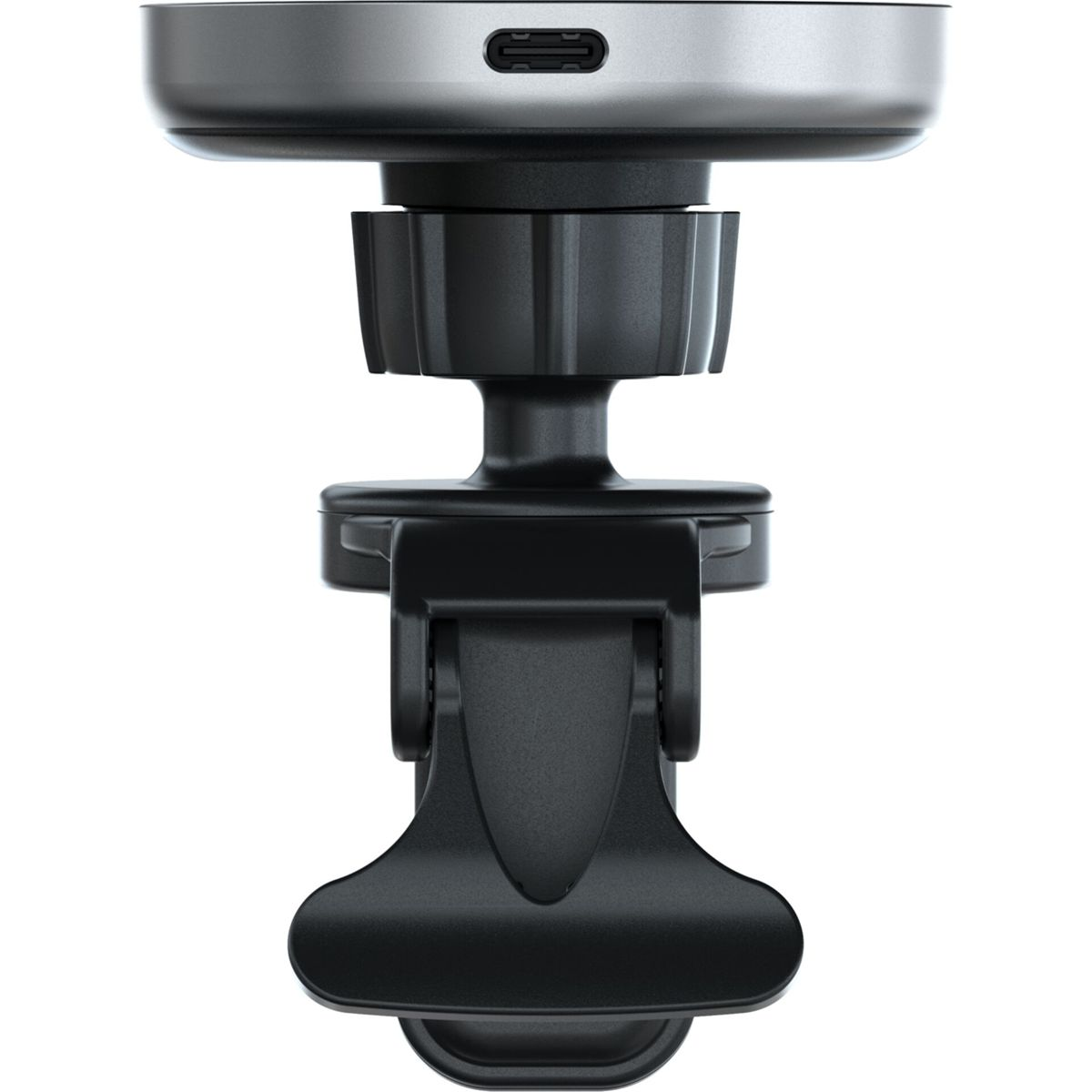 Soporte para teléfono negro. Conector negro. Fondo blanco.