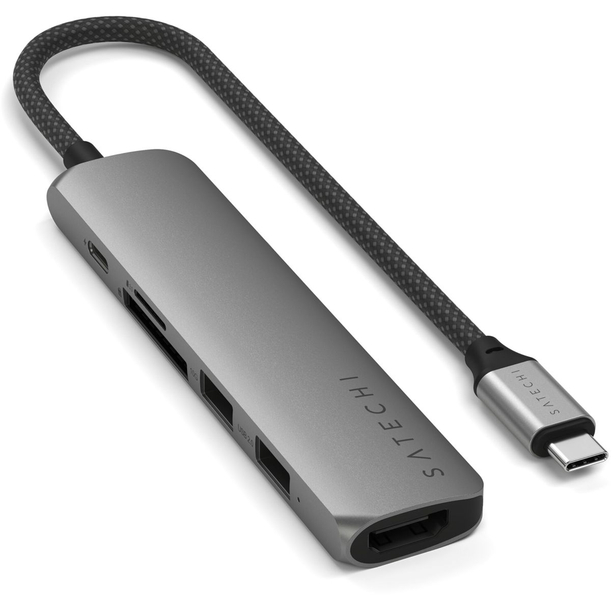 Ein silberner Satechi-Hub mit mehreren Anschlüssen und einem grauen geflochtenen Kabel.