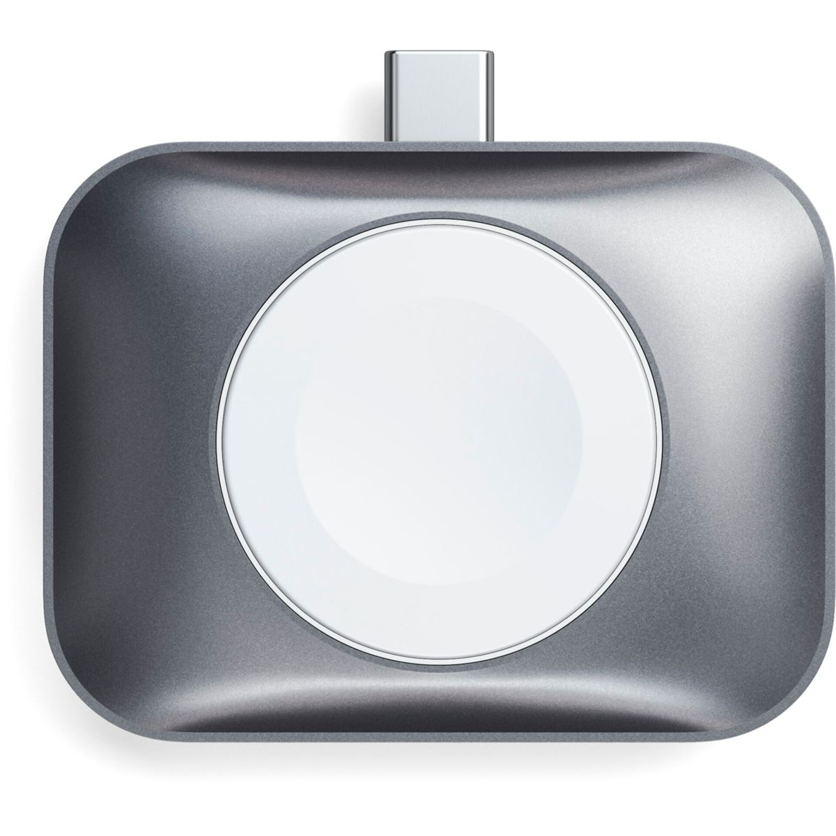 Cargador gris con una plataforma de carga circular blanca y conector USB-C sobre fondo blanco.