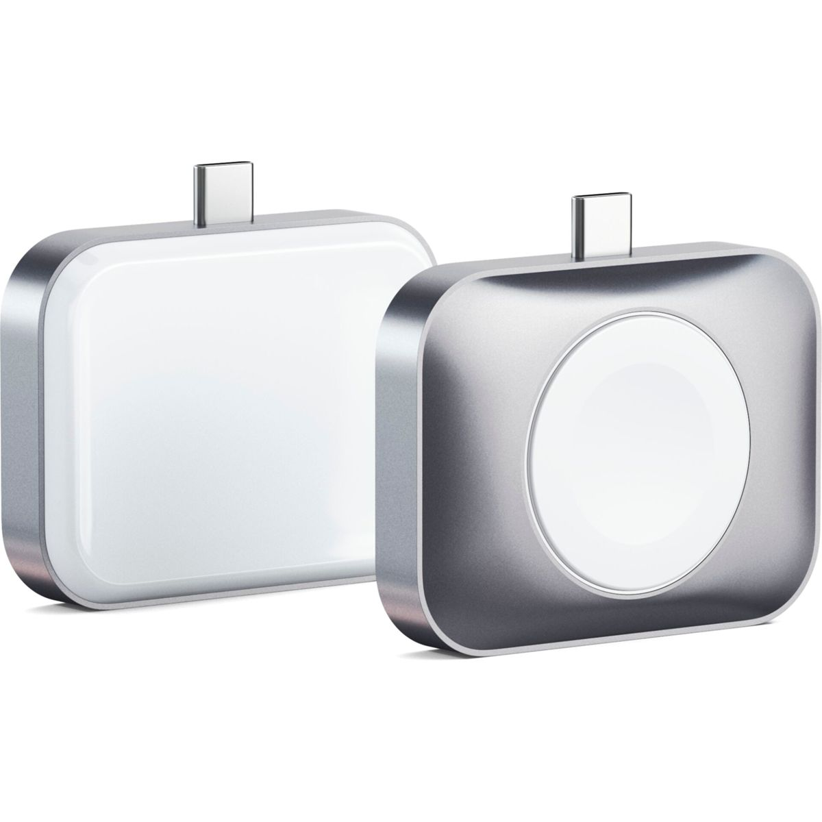 Dos estaciones de carga plateadas, una para el reloj y otra con una superficie plana.