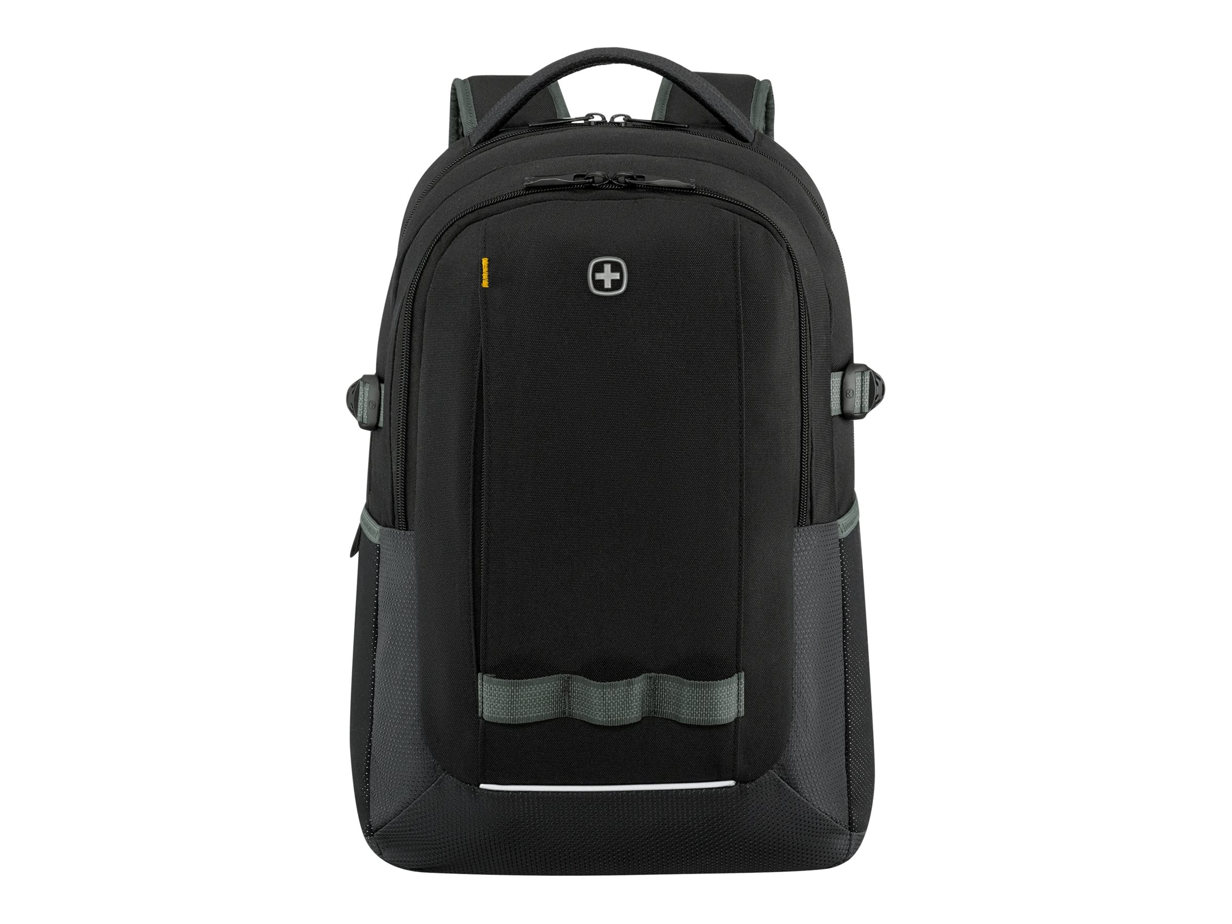 Ein schwarzer Rucksack mit dem Schweizer Kreuz-Logo. Er hat mehrere Fächer und graue Akzente.