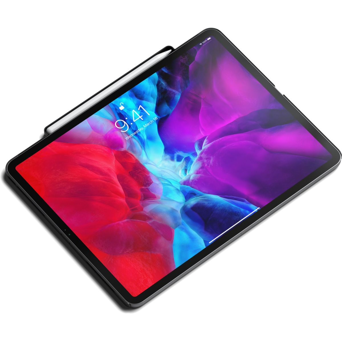Ein iPad mit Stift, das einen Startbildschirm mit der Uhrzeit 9:41 Uhr anzeigt.