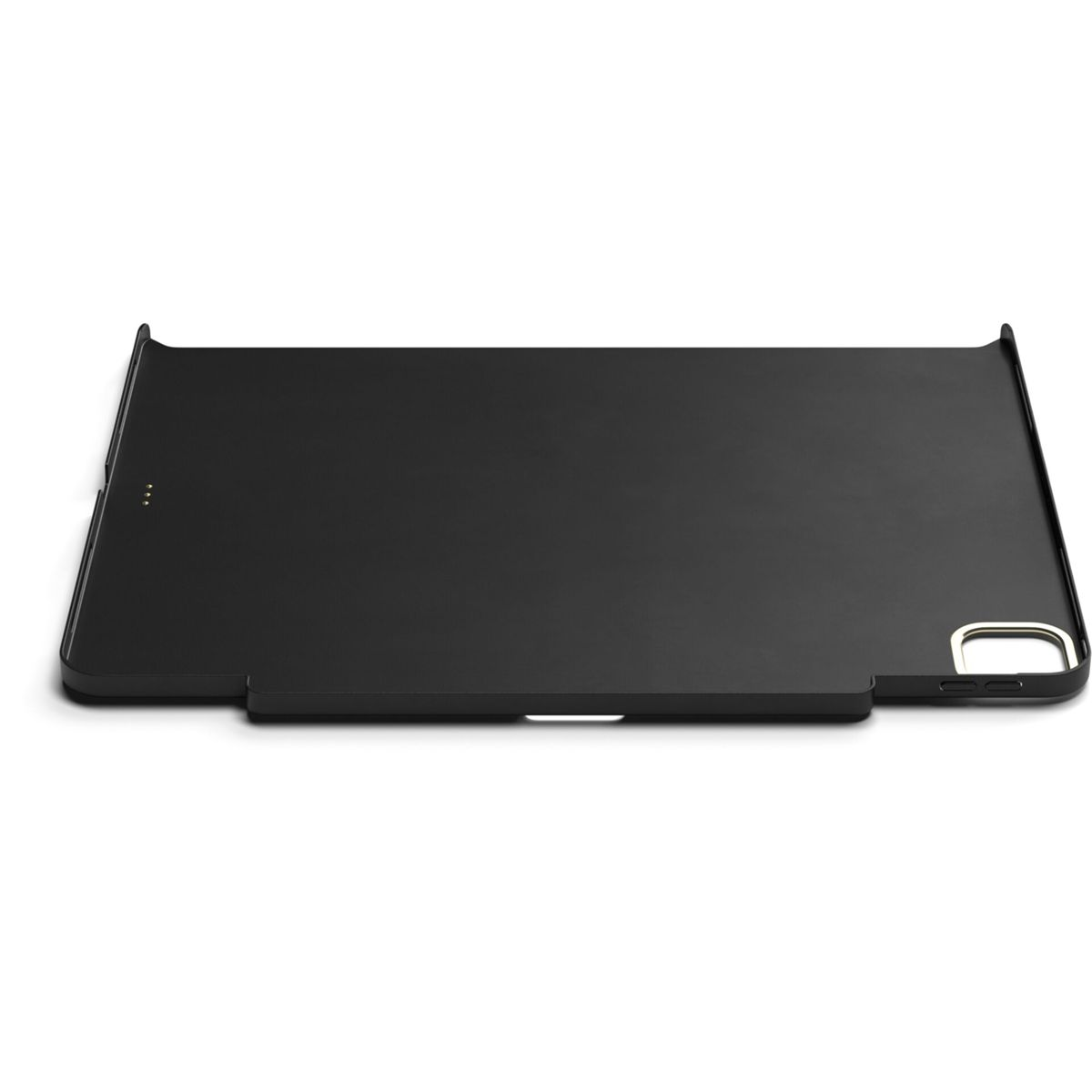 Schwarze iPad-Tastaturhülle. Die Hülle ist geschlossen und von oben betrachtet. Ein Schlitz für das iPad ist sichtbar.