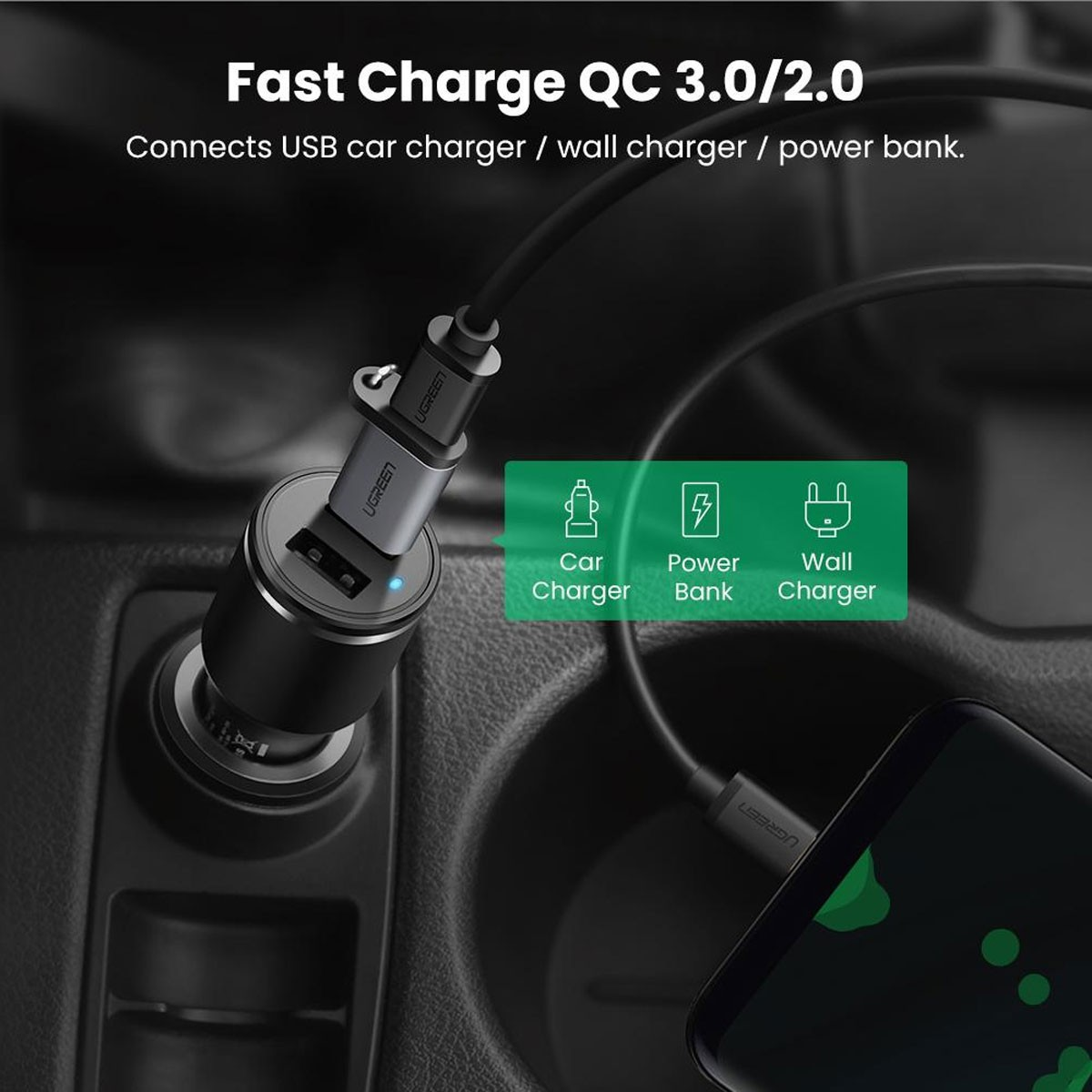 Adaptador UGREEN conectado a un cargador de coche, un banco de energía y un teléfono.