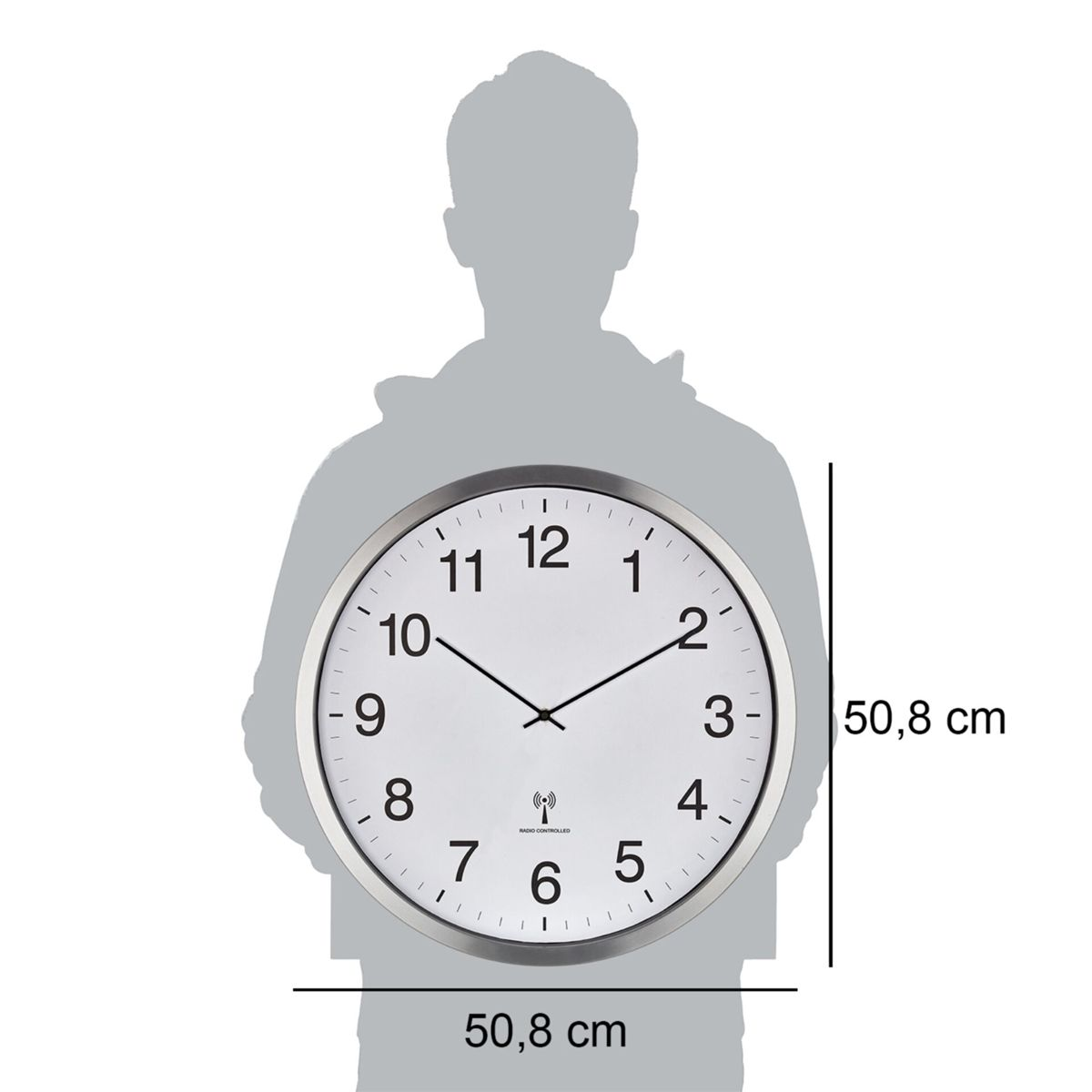 Eine Person steht hinter einer großen Wanduhr, mit Maßen von 50,8 cm Höhe und Breite.