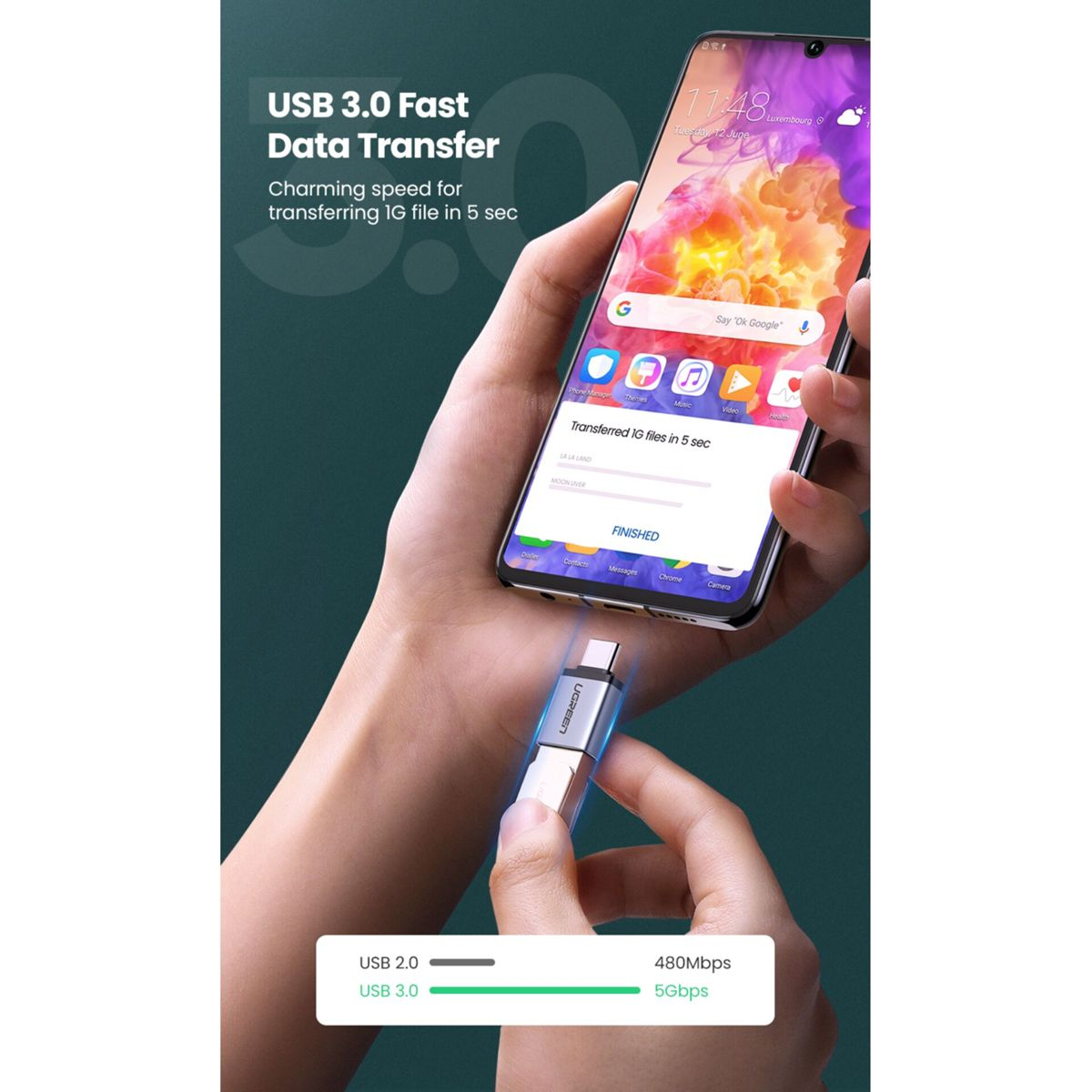 Ręka trzymająca telefon podłączony do adaptera USB.