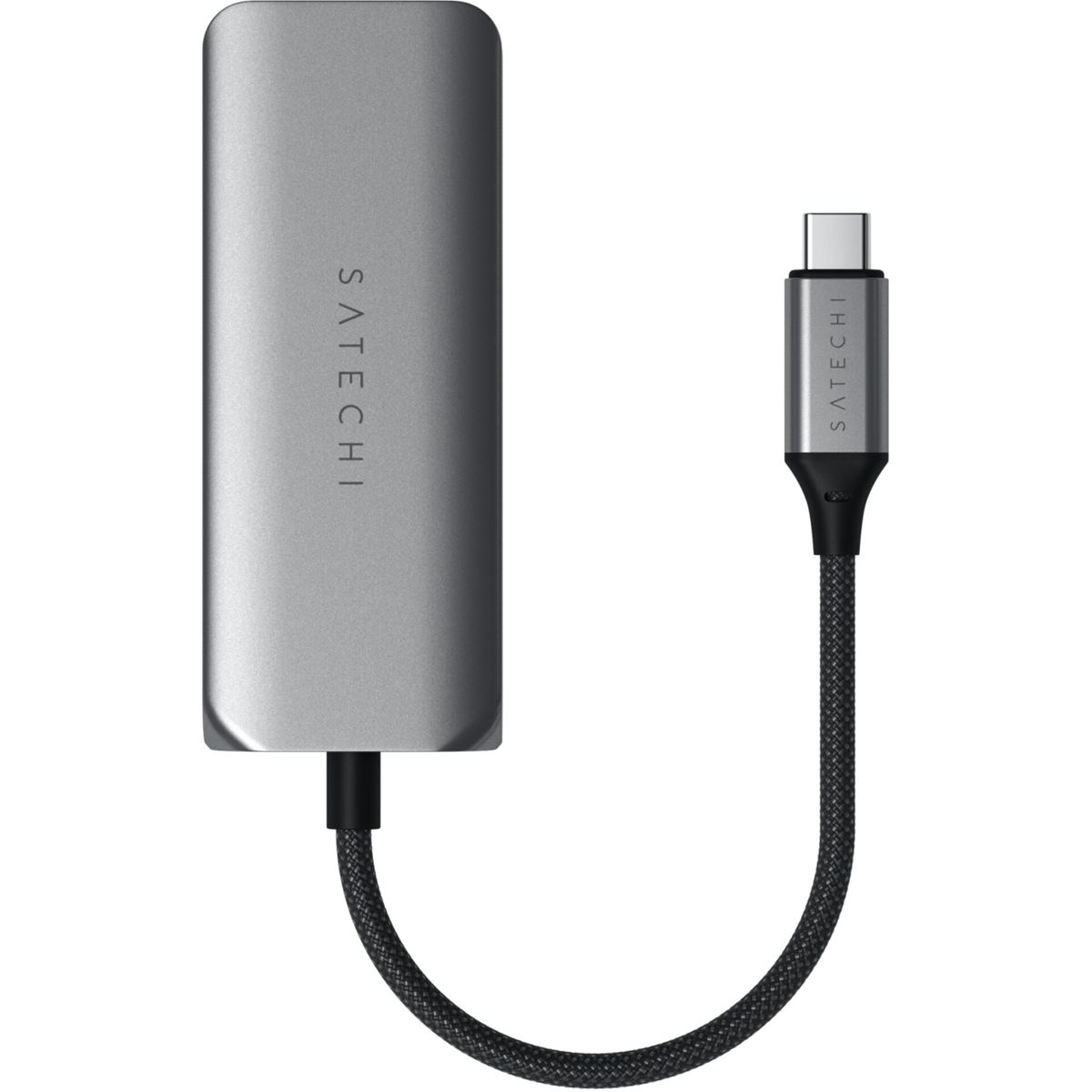 Silberner Satechi-Adapter mit USB-C-Kabel. Der Adapter ist rechteckig. Das Kabel ist schwarz und hat einen USB-C-Anschluss.