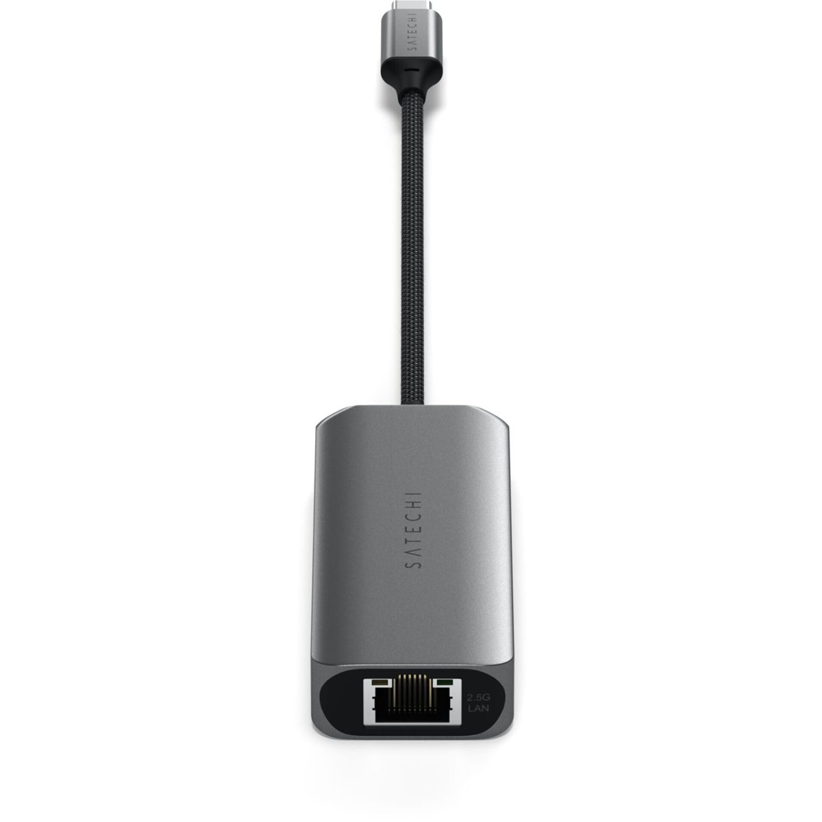 Silberner Satechi LAN-Adapter mit schwarzem Kabel. Der Adapter hat einen LAN-Anschluss. Weißer Hintergrund.