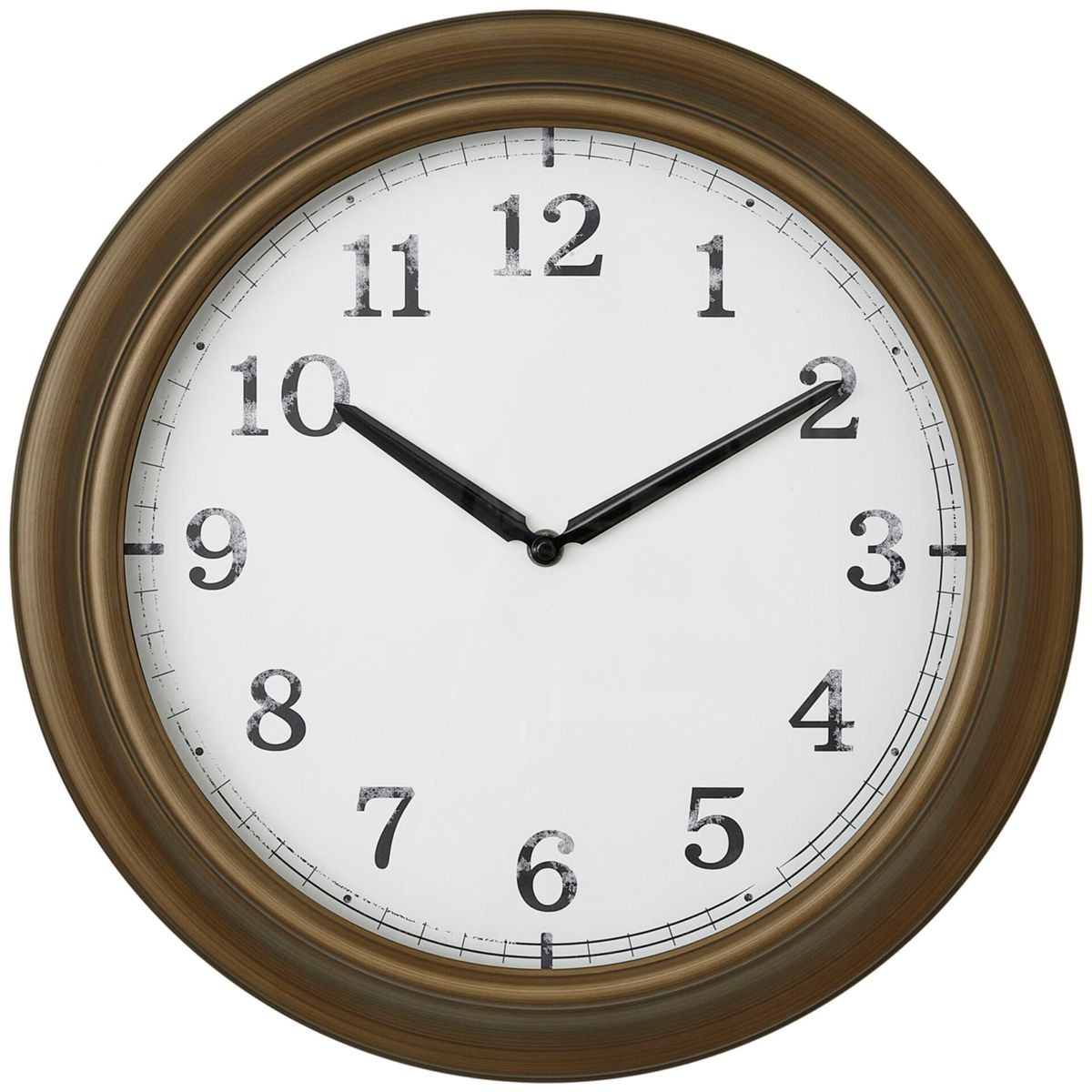 Eine runde Uhr mit bronzefarbenem Rahmen, schwarzen Zeigern und Ziffern.