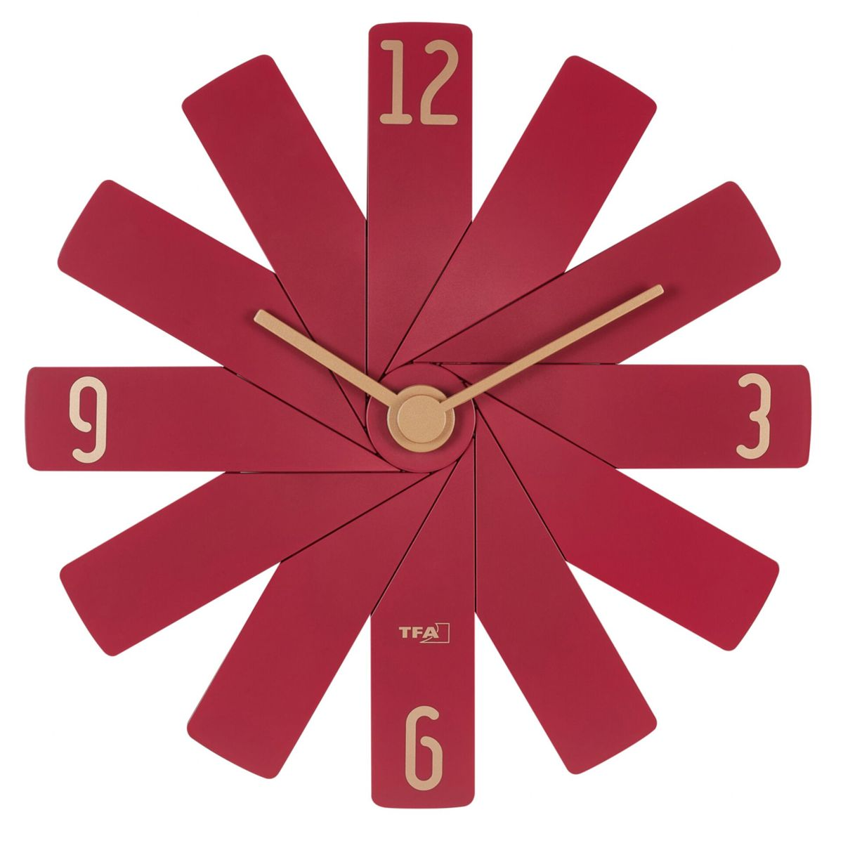 Rote Uhr mit goldenen Zeigern und Zahlen. Die Uhr hat ein einzigartiges Design.