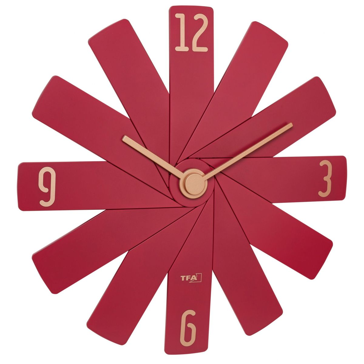 Eine rote Uhr mit blumenartigem Design. Die Zeiger sind goldfarben, die Zahlen kreisförmig angeordnet.