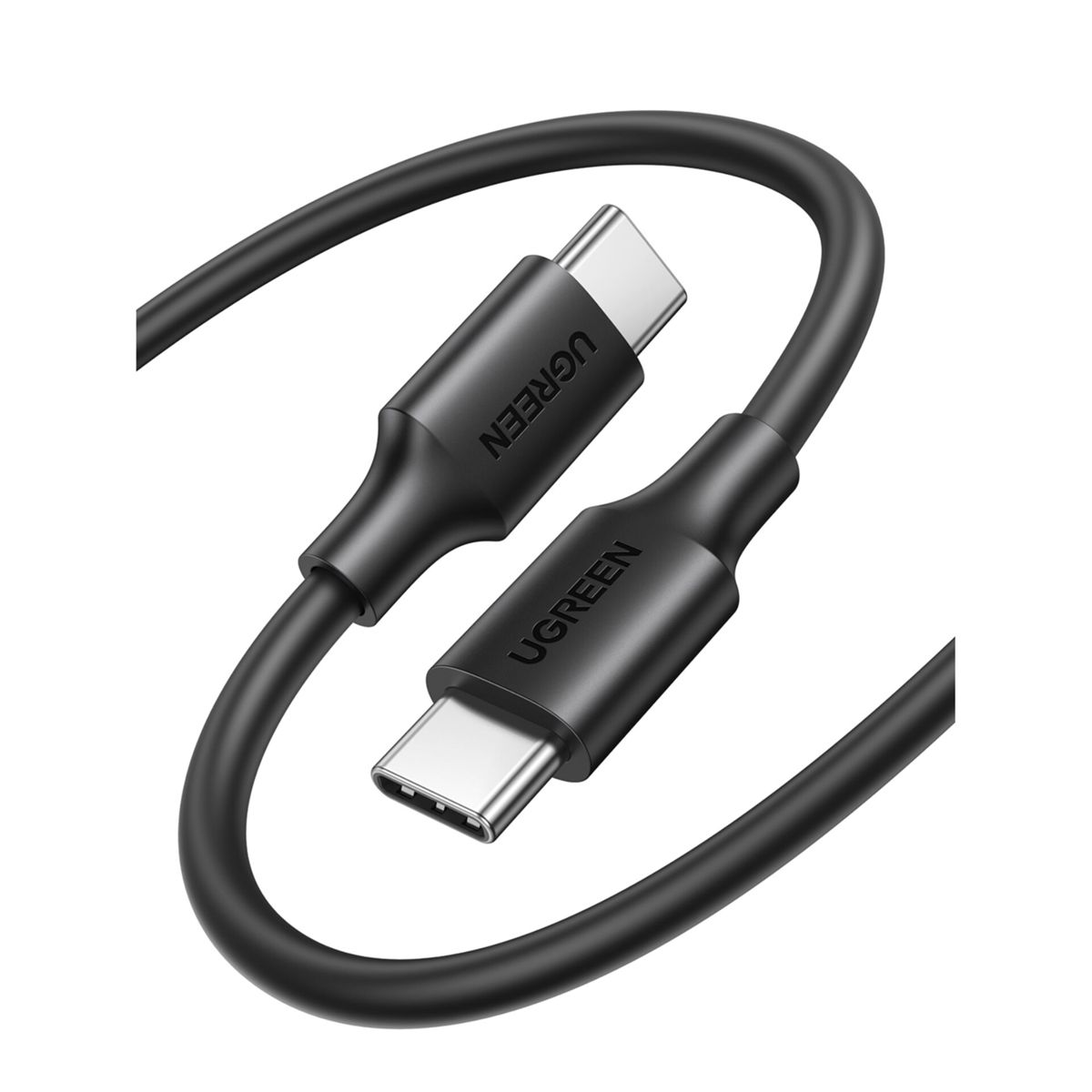 Czarny kabel USB-C. Tekst UGREEN na obu końcach. Białe tło.