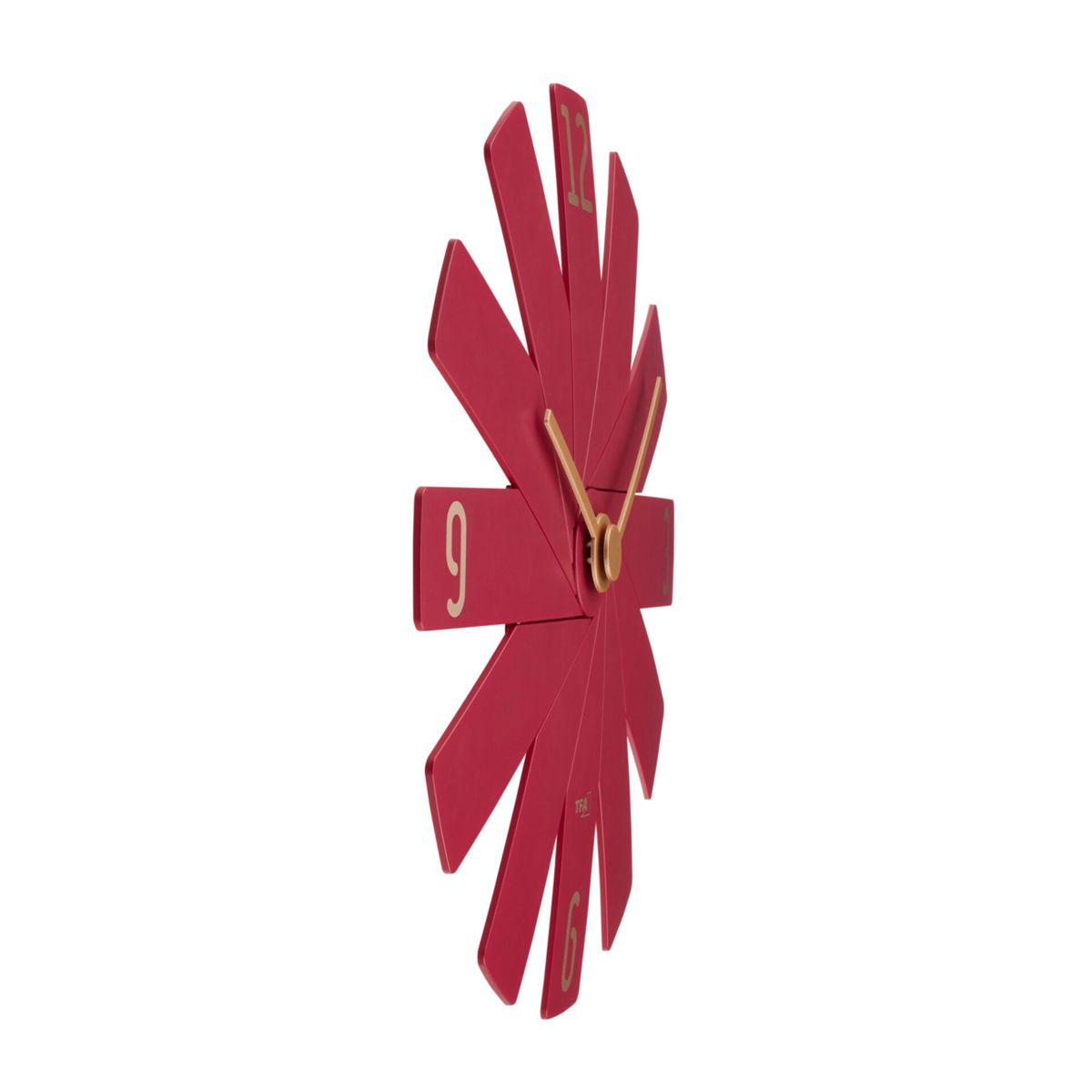 Rote Uhr mit radialem Design, zeigt die Zeit und goldene Zeiger.