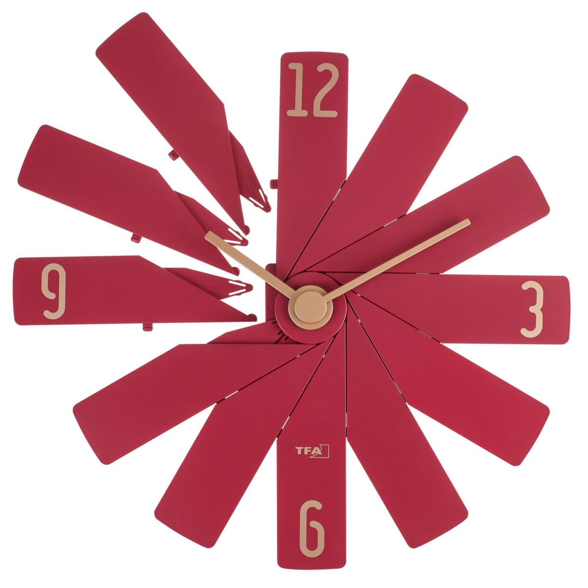 Rote Uhr mit fächerartigen Armen. Zahlen 12, 3, 6 und 9 sind sichtbar.