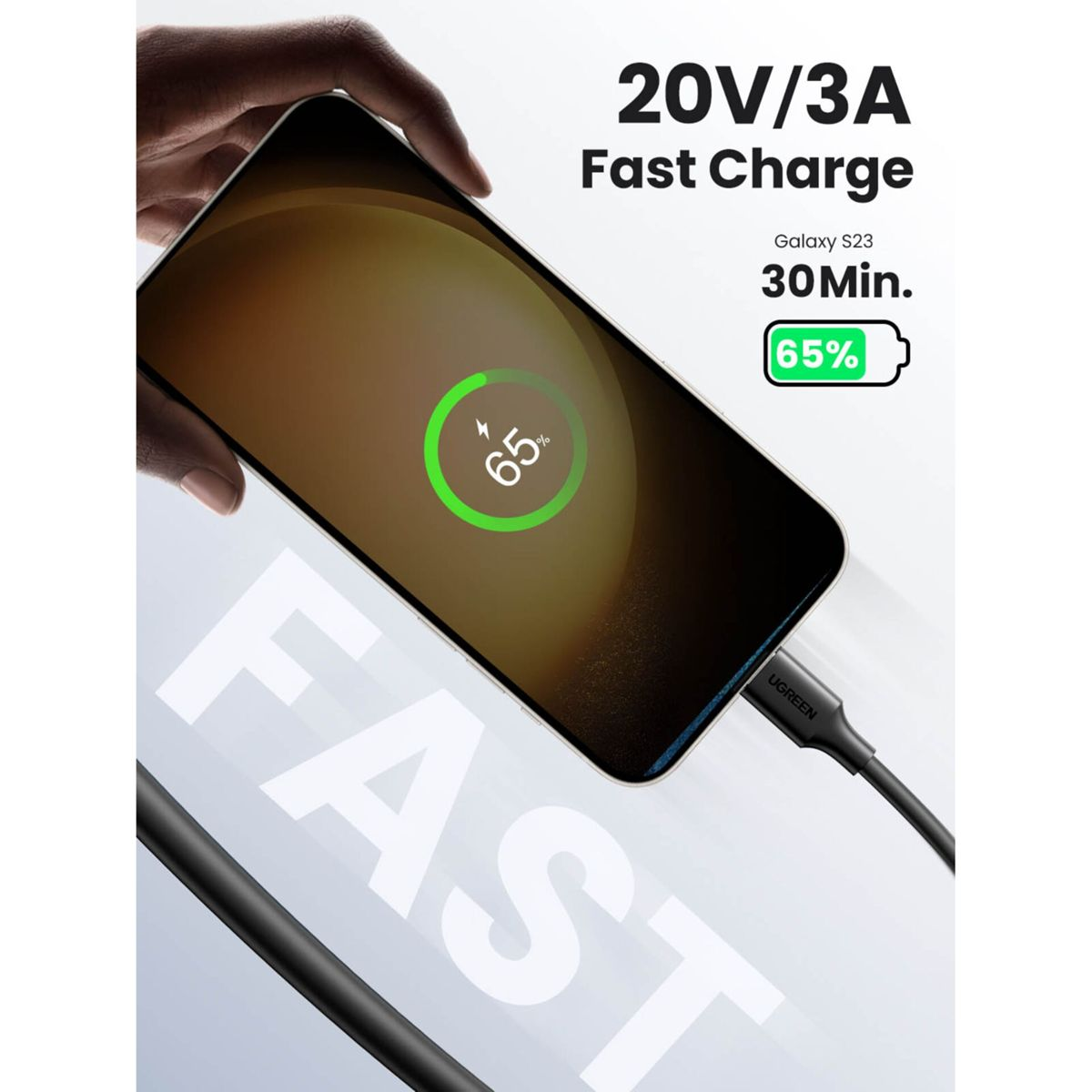 Telefon ładuje się w 65%. Ręka trzyma telefon z kablem. Tekst: 20V/3A Szybkie ładowanie.