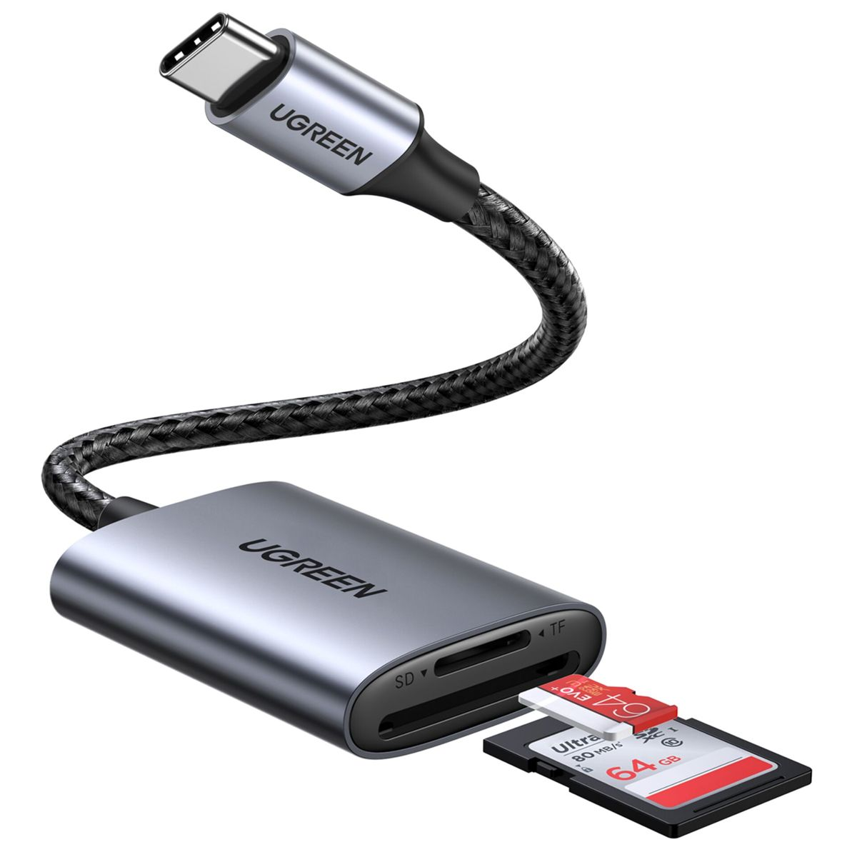 Silberner UGREEN Kartenleser mit USB-C-Anschluss und roter 64GB SD-Karte. Schwarzes geflochtenes Kabel.