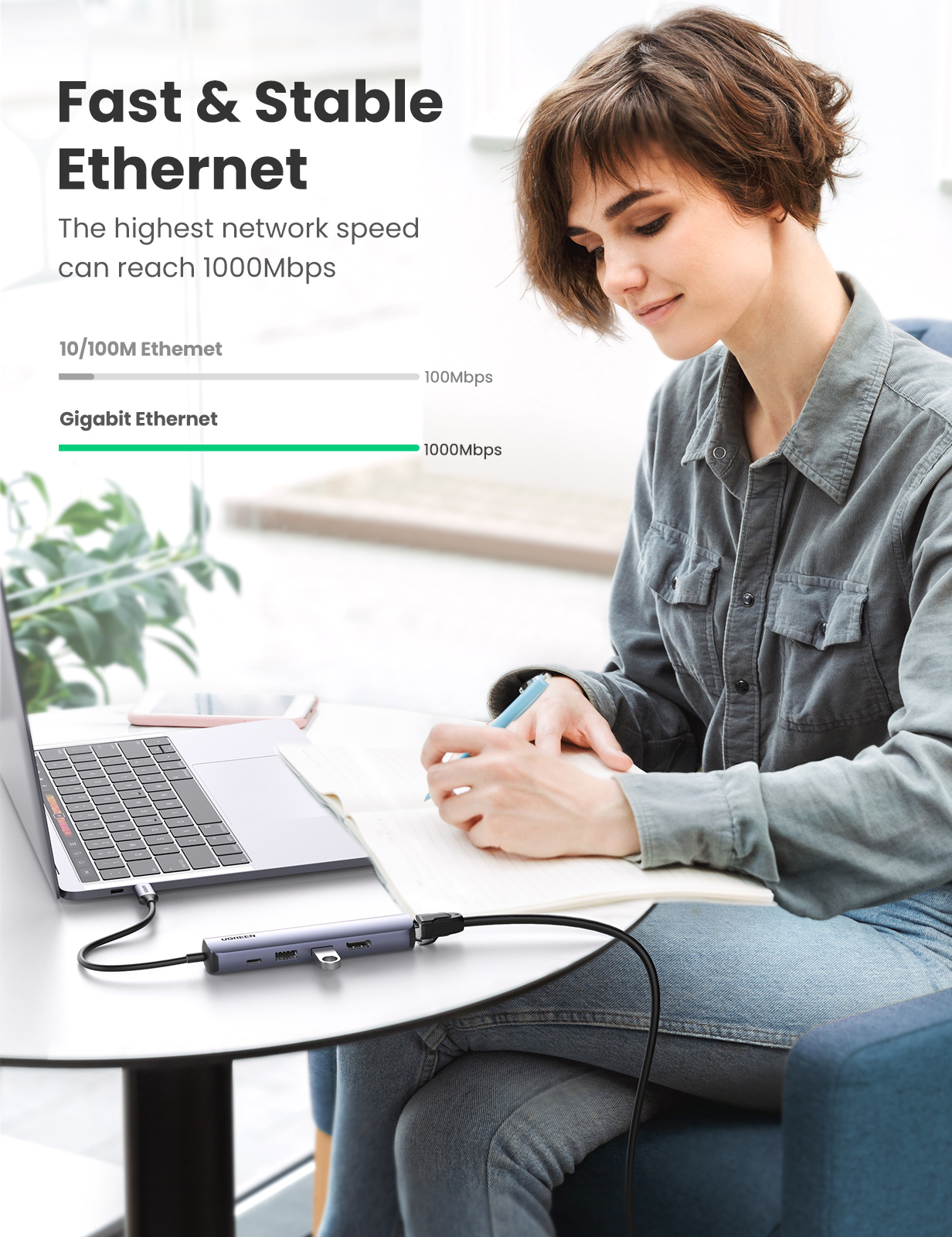 Frau arbeitet an einem Laptop, der mit einem Hub verbunden ist. Text auf dem Bild lautet Schnell & Stabiles Ethernet.