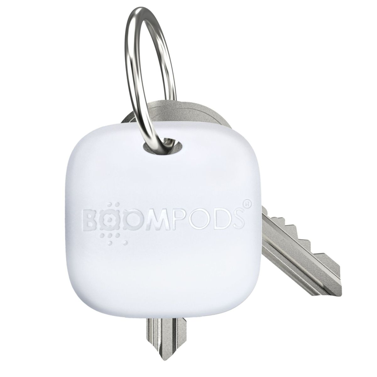 Portachiavi bianco con una chiave. L'etichetta dice BOOMPODS.