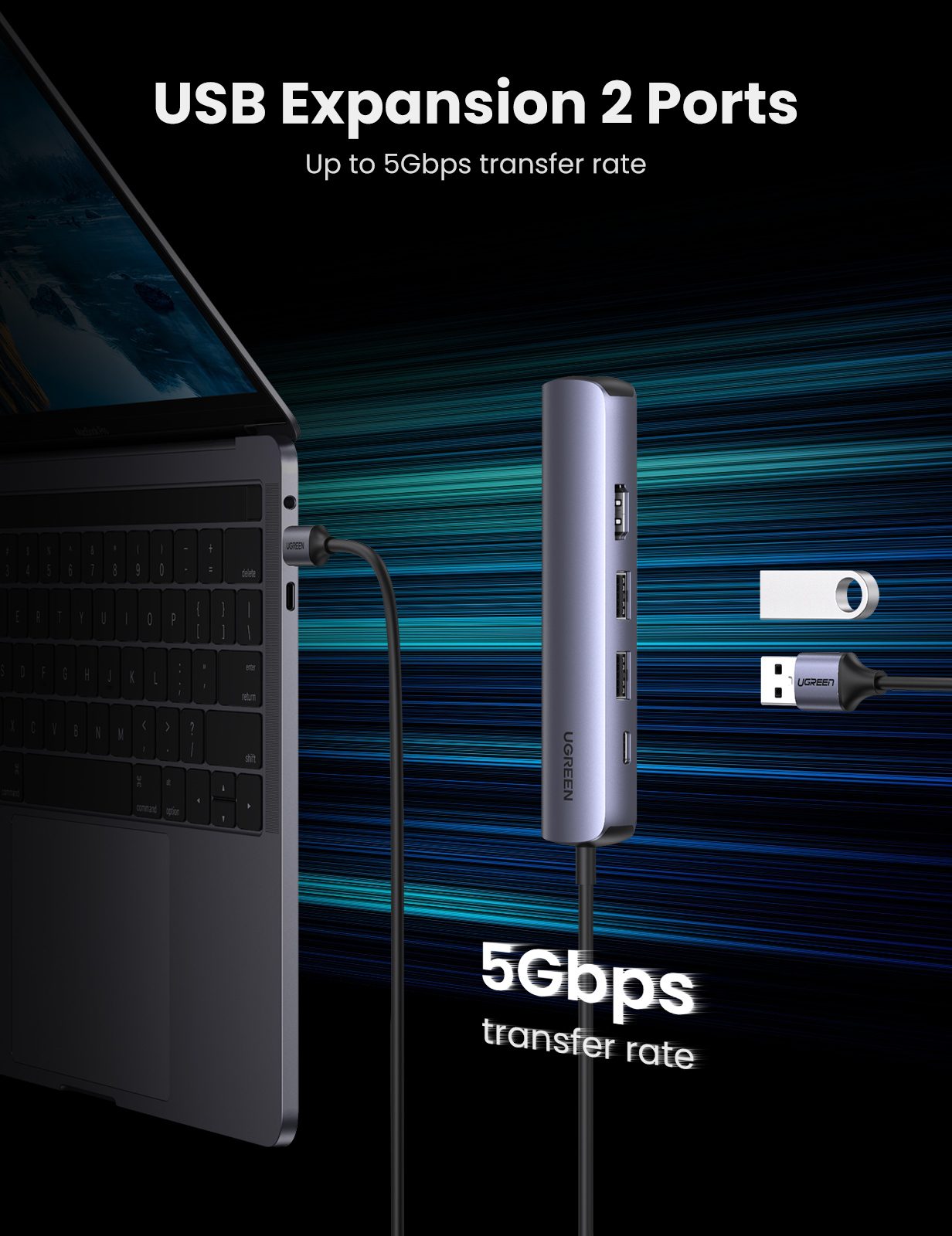 USB-Hub mit zwei Anschlüssen, an einen Laptop angeschlossen. Mit USB-C- und USB-A-Anschluss.