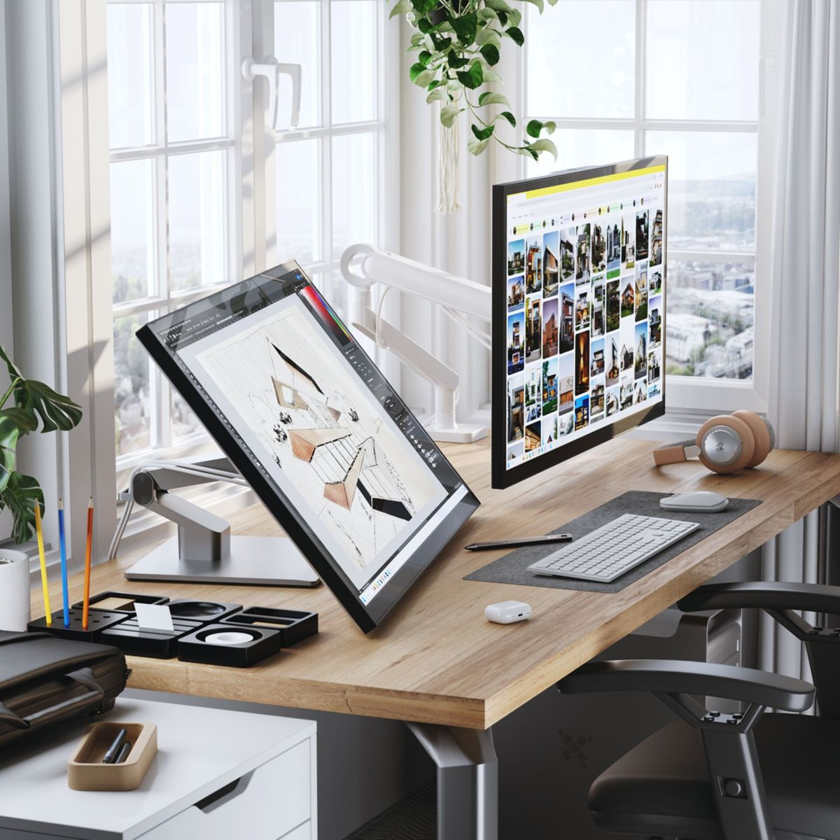 Un espace de travail bien éclairé avec deux moniteurs et une tablette de dessin. Un bureau avec des accessoires.