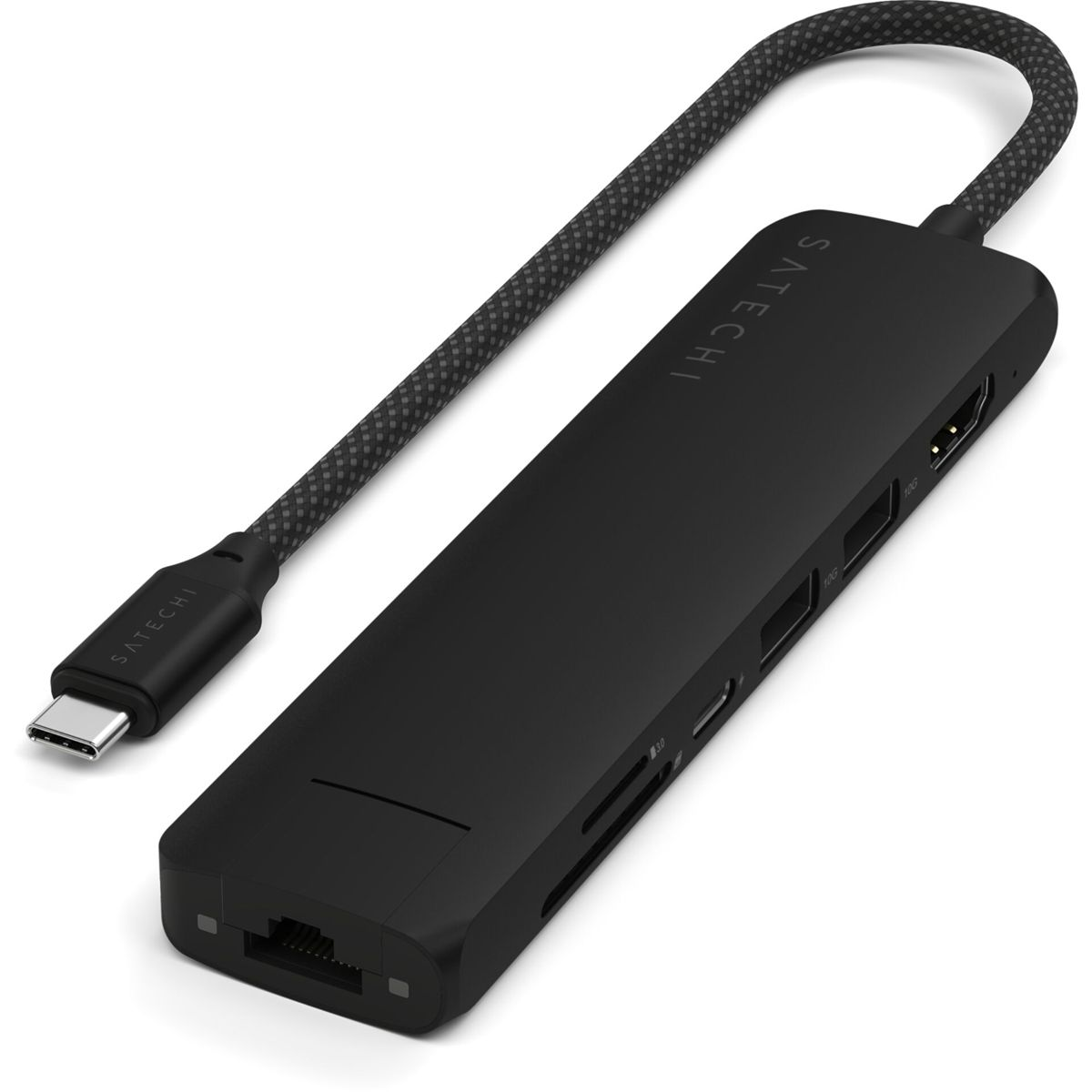 Ein schwarzer Satechi USB-C-Hub mit mehreren Anschlüssen und einem geflochtenen Kabel. Der Hub ist rechteckig.