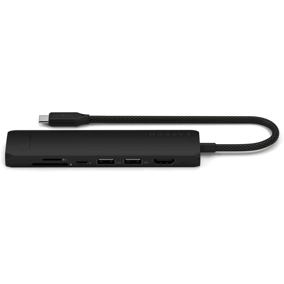 Ein schwarzer Satechi USB-C-Hub mit mehreren Anschlüssen, verbunden mit einem Kabel, auf einer weißen Oberfläche.