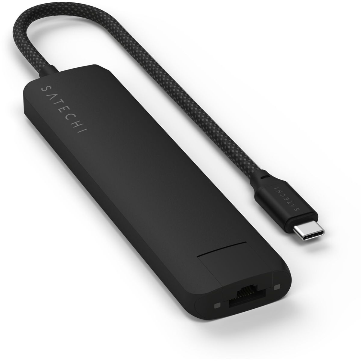 Schwarzer Satechi USB-C-Hub. Verfügt über ein Kabel und verschiedene Anschlüsse.