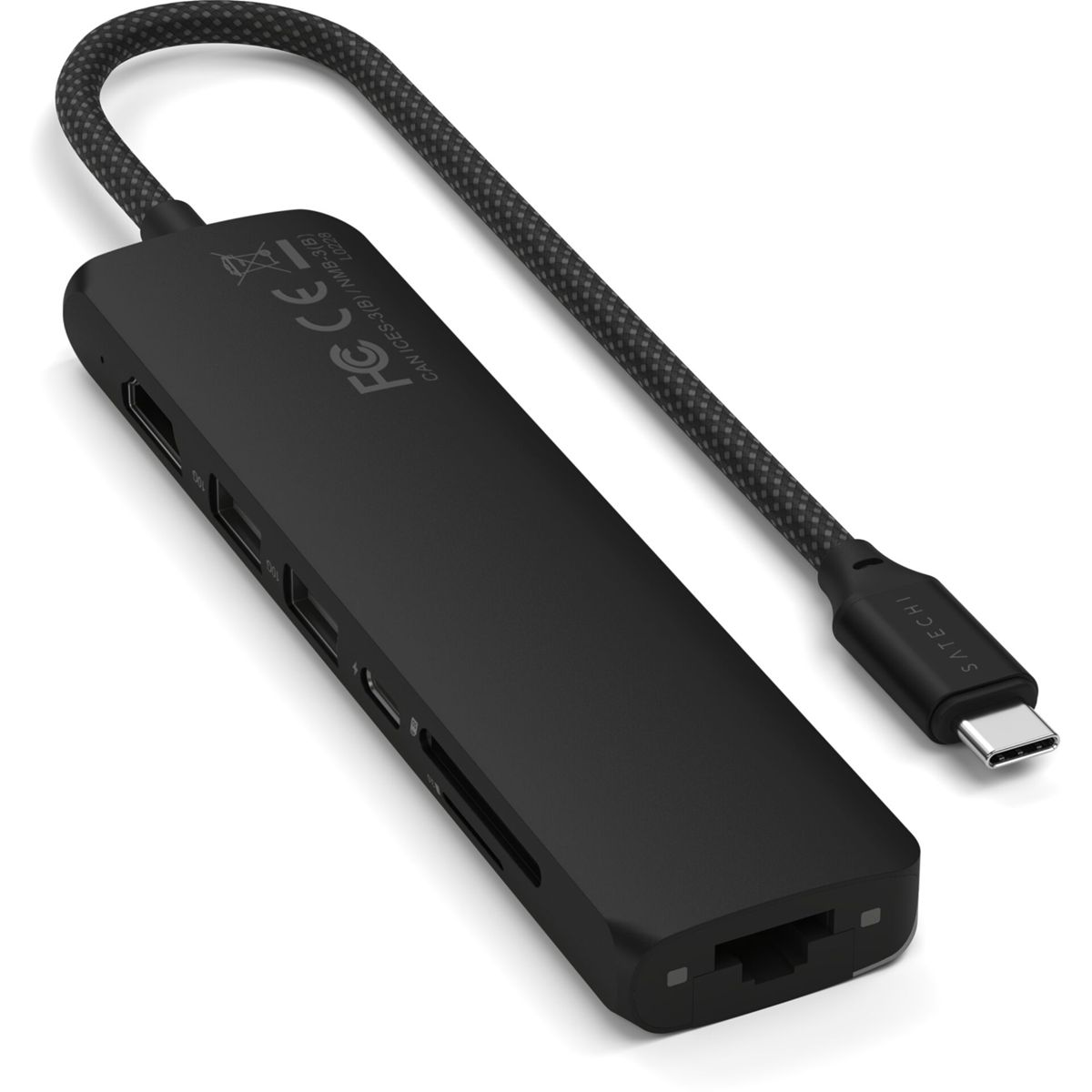 Schwarzer Satechi USB-C-Hub mit mehreren Anschlüssen und einem geflochtenen Kabel zu einem USB-C-Anschluss.