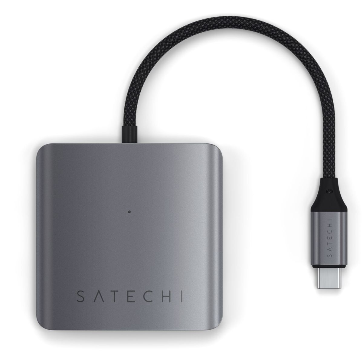 Szary, kwadratowy hub USB-C z dołączonym czarnym kablem.
